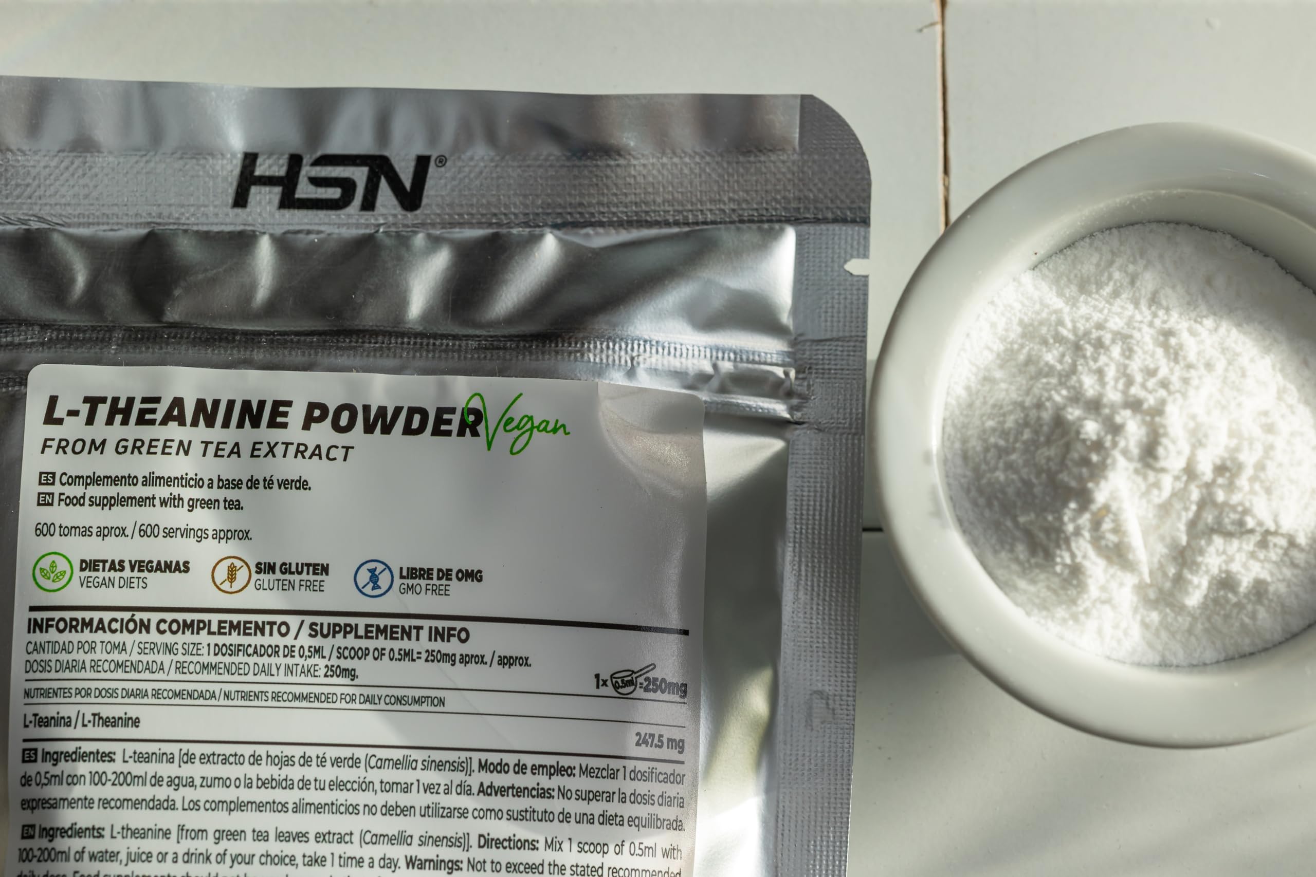 HSN L-Teanina en Polvo | 250 mg por Dosis Diaria | 500g | Aminoácido Natural del Té Verde en Forma Libre | 100% L-Teanina Pura Sin Aditivos | Vegano, Sin Gluten, No-GMO | No Incluye Dosificador