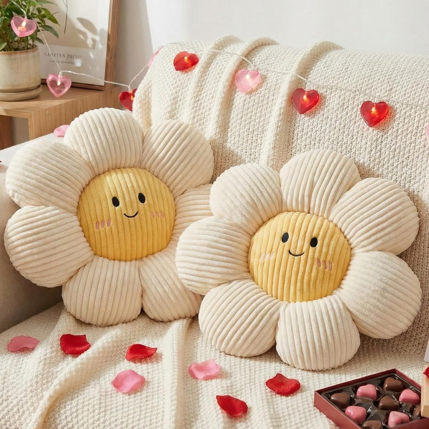 Novabright 2 Pcs Smile Flower Throw Pillows 15" White Flower Throw Pillows Decorative Daisy Floor Seating Cushion Aesthetic Cute Seat Cushion for Bed Sofa Couch Home Decor Bedroom Living Room Chair