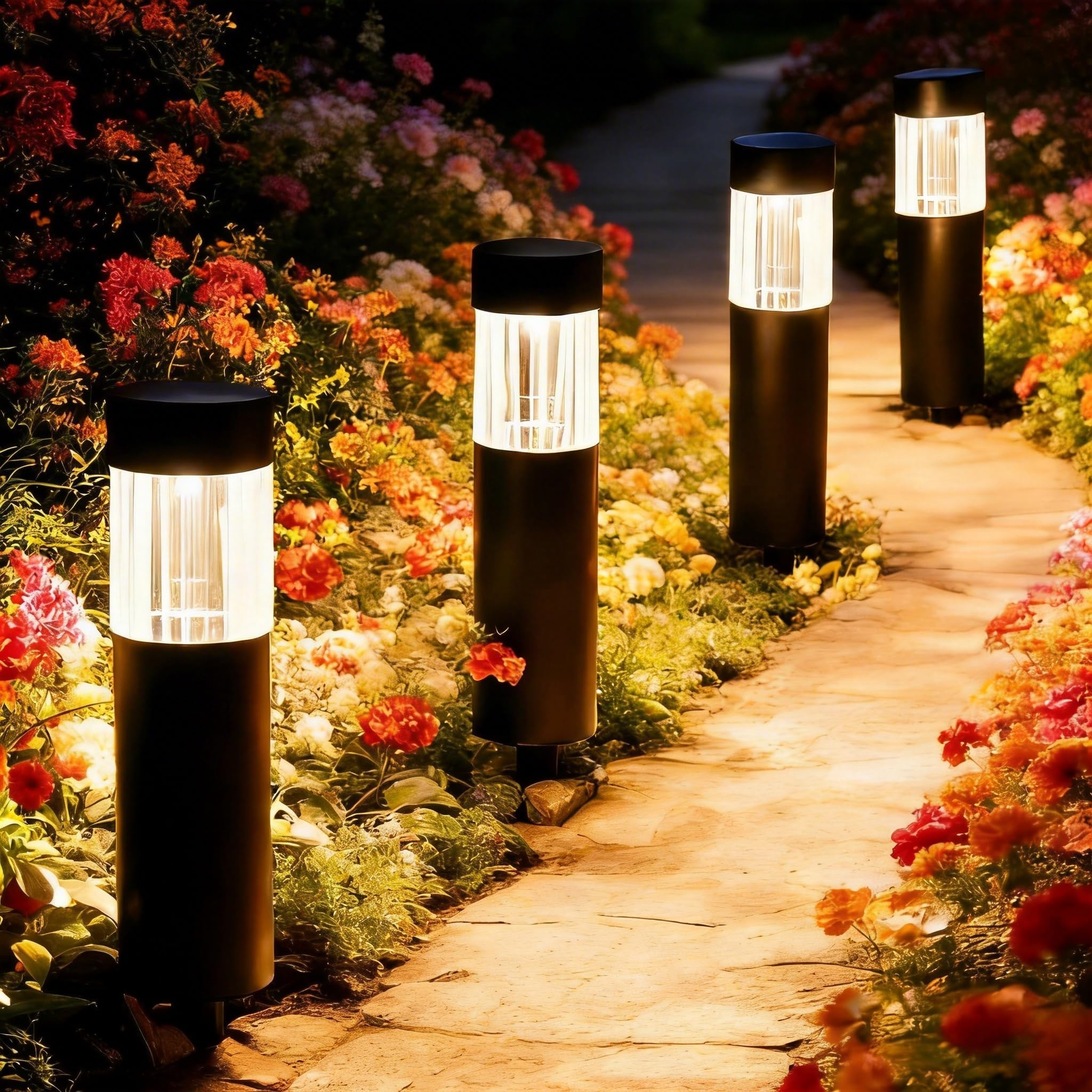 Photo 1 of ***STAKE HOLES ARE DAMAGED***Sublume Solar Pathway Lights Outdoor, 4 Pack Large Metal Stainless Steel Solar Garden Lights, 3000K Brighter Outdoor Solar LED Lights for Yard, Path, Walkway, Driveway, Sidewalk, Landscape Lighting