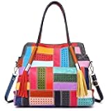 Women Genuine Leather Tote Multicolour Patchwork Hollow Shoulder Handbag Purses