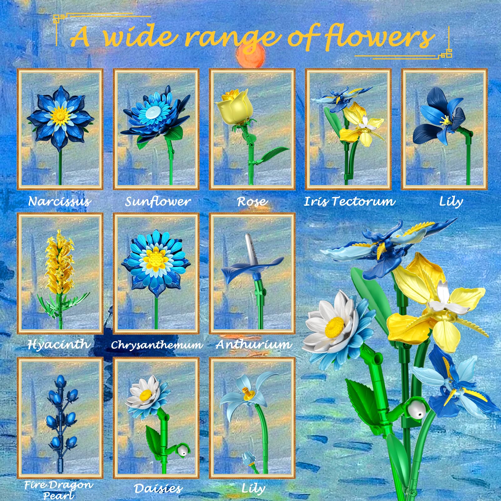 Rongmeiz Glacia Daisy Flower Bouquet Building Kit, Art-Inspired Ice Blue Floral Arrangement with Premium Blocks - Image 3