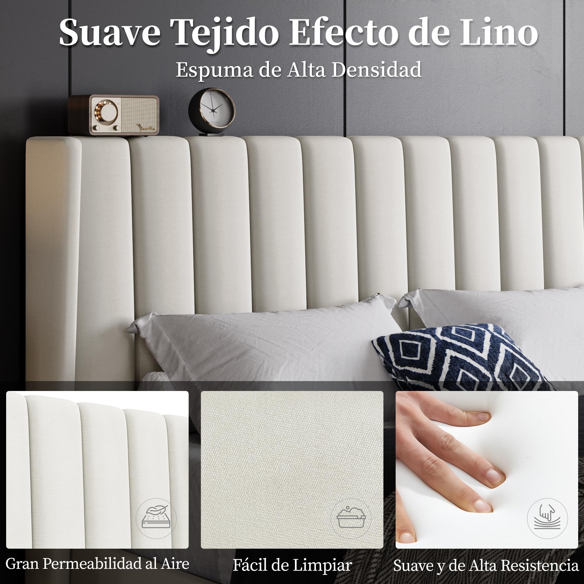 Cama tapizada 160 x 200 cm Cabecero a Rayas con Alas Láminas de Madera y Metal Beige