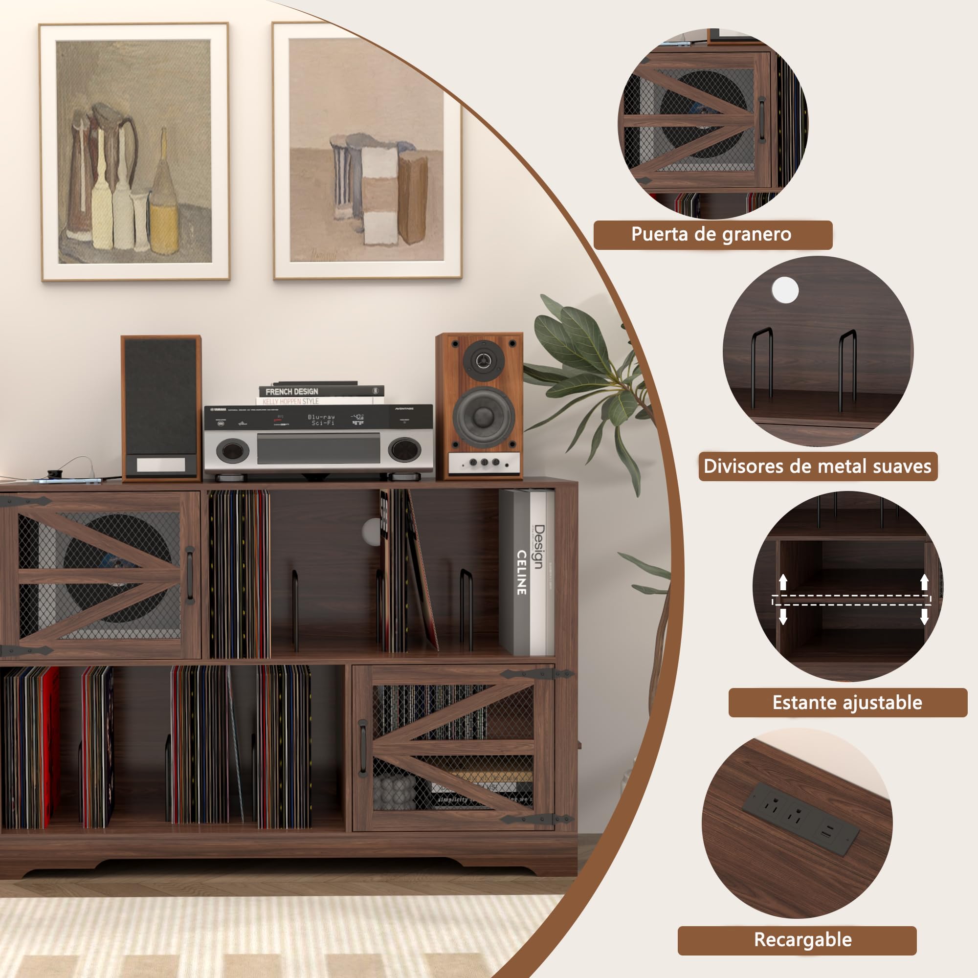 MDF Mueble para Discos de Vinilo con Acabado Nogal,Soporte para 500+ Vinilos, 2 Enchufes & 2 USB, Antivuelco, Mueble Compacto para Salón y Tocadiscos,Color Nogal（120×40×80cm）