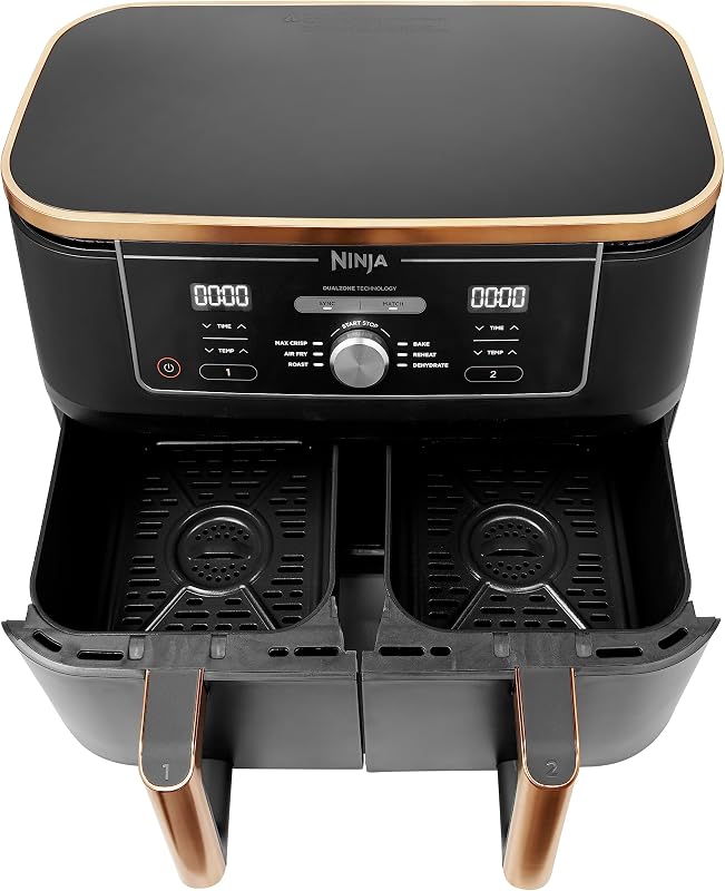 Ninja Foodi MAX Dual Zone Air Fryer, Amazon Exclusive, Tongs, 2 Drawers, 9.5L, 6-in-1, Use No Oil, Air Fry, Max Crisp, Roast, Bake, 8 Portions, Nonstick Dishwasher Safe Baskets, Copper/Black AF400UKCP