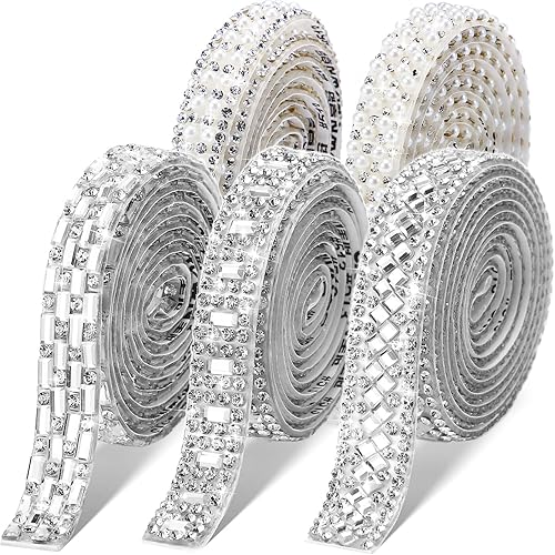 Xinnun 5 rollos de cinta de diamantes de imitación cristal brillante, tiras autoadhesivas de diamantes de imitación, cinta diamante de resina bling