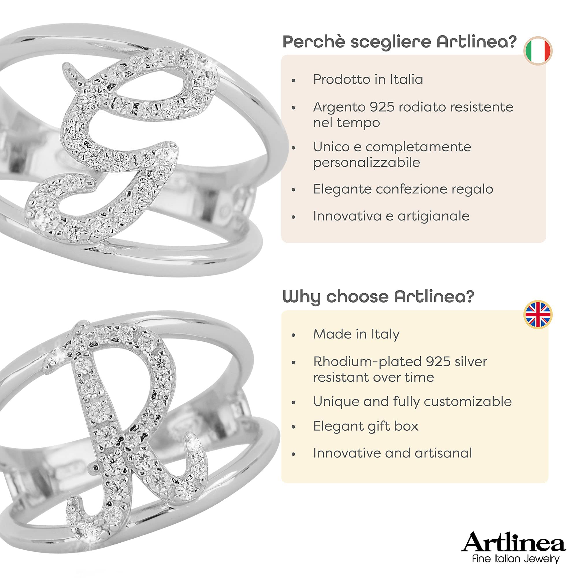Artlinea, Anello in Argento 925 Sterling, Gioiello Personalizzato con la Lettera Maiuscola/Corsiva, con Pavé Zirconi, Retro Aperto con Misura Regolabile, Made in Italy
