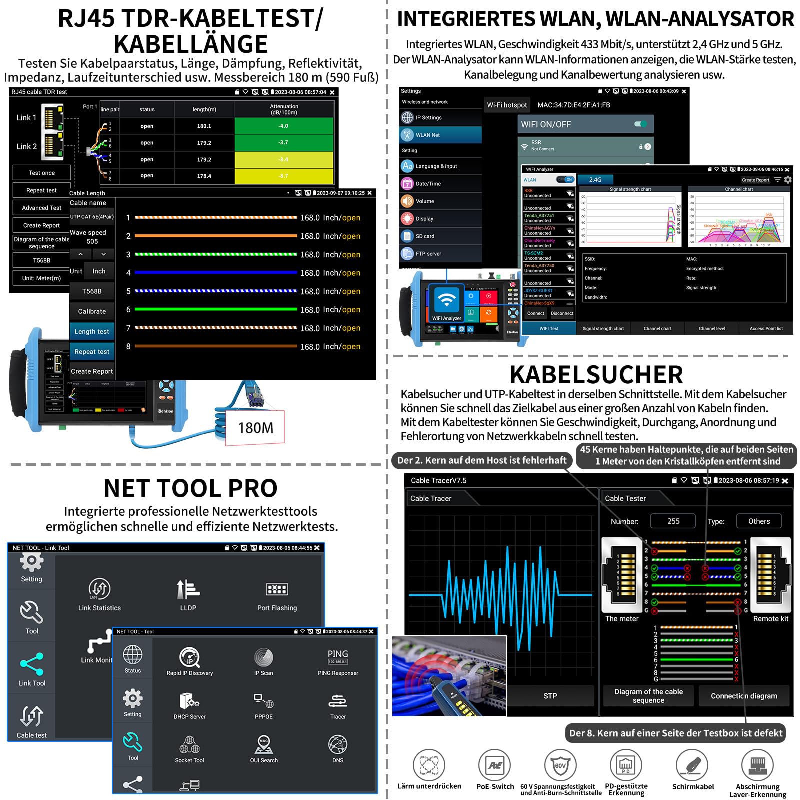 Henkion CCTV Kamera Tester, 8K 32MP 4K 12MP IP Kameratester mit POE++ 90W, 7" IPS Touchscreen Kabel Tester Netzwerk Tools Unterstützung 1CH SFP Schnittstelle IPC Tester IPC-9800CPro mit Kabelverfolger