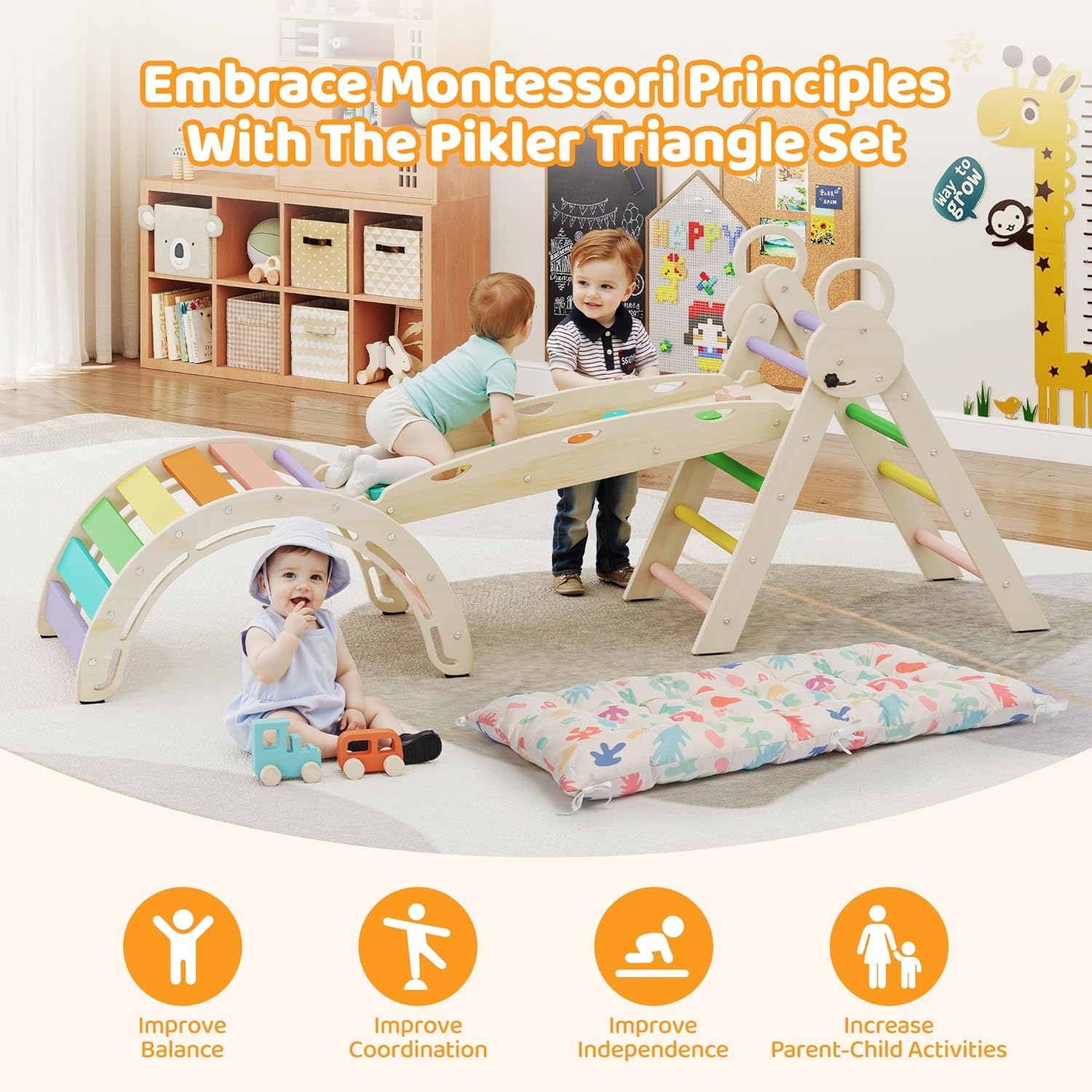 Pikler Triangle Set with Cushion, 7-in-1 Foldable Toddler Climbing Toys, Indoor Playground for Kids, Montessori Climbing Set Gift, Wooden Baby Jungle Gym, for Toddlers 1-3 (Rainbow)