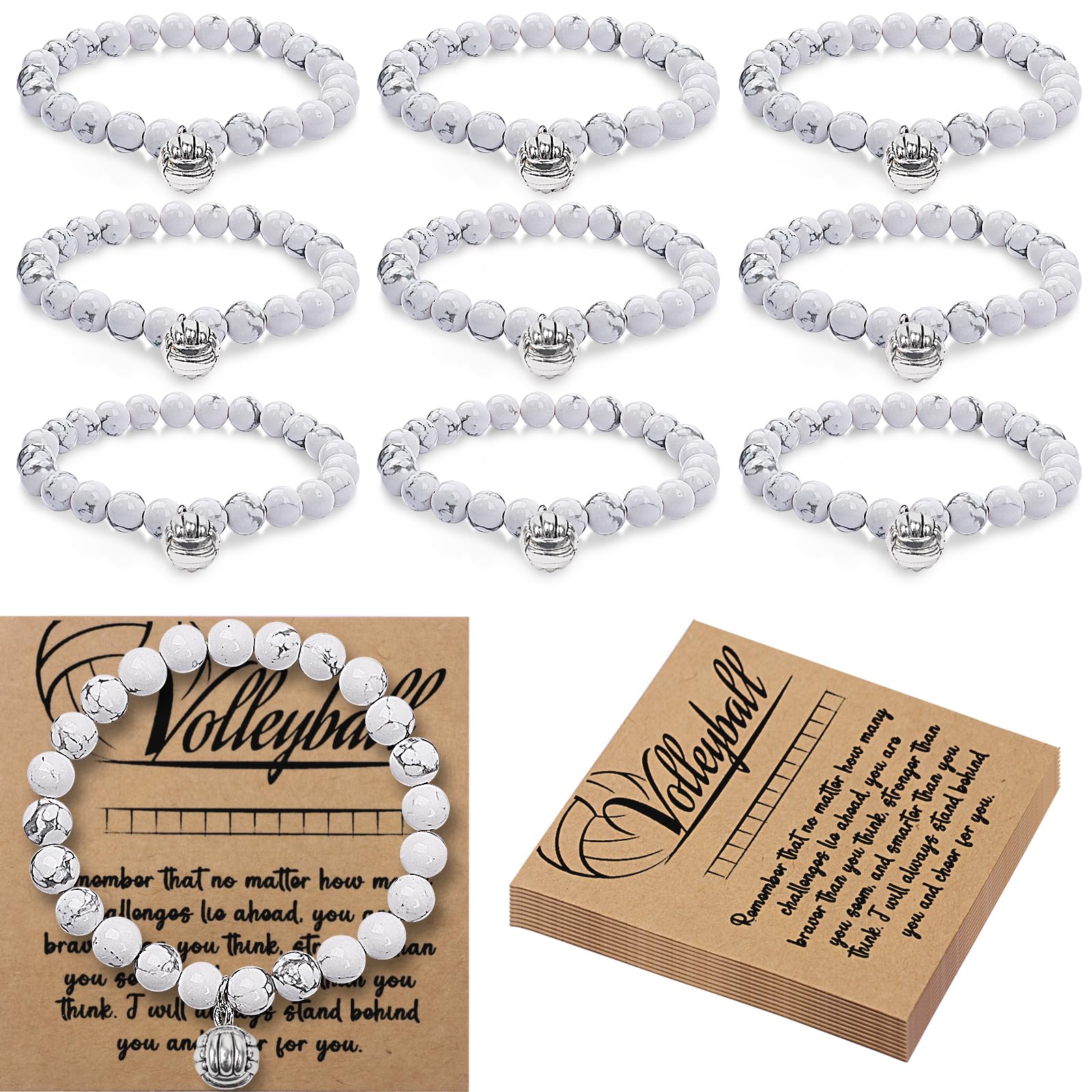 TMKEFFC 10PCS Volleyball Bracelets – Team Gifts for Teens, Adults & Coaches – Sports Jewelry with Volleyball Charm & Encouragement Card for Game Day or Party Favors