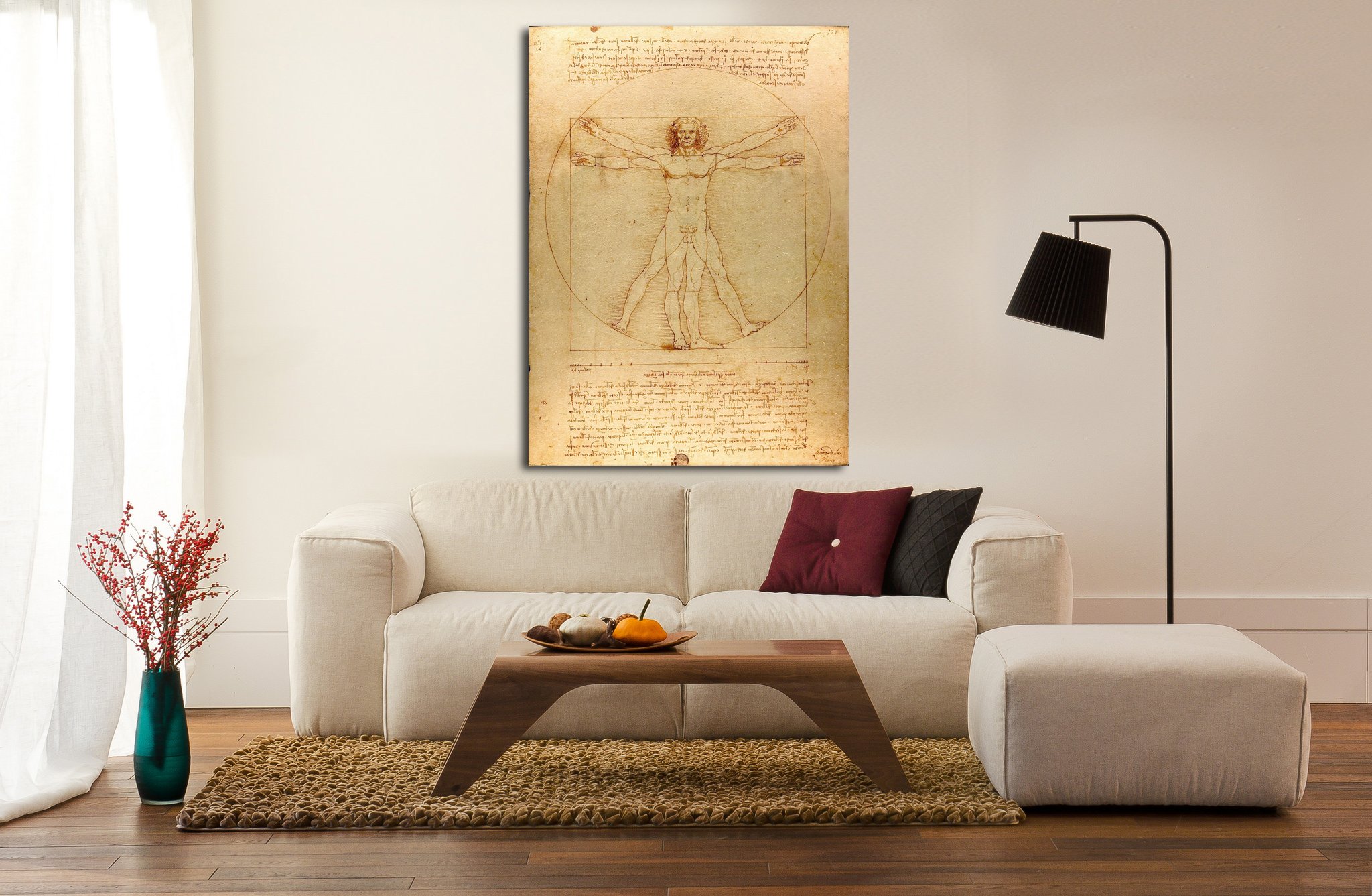 Quadro L'Uomo Vitruviano Leonardo Da Vinci stampa su tela canvas con o senza telaio - scegli la dimensione che preferisci da - cm 50 a cm 130 di larghezza (CM 80X110, QUADRO CON TELAIO IN LEGNO)