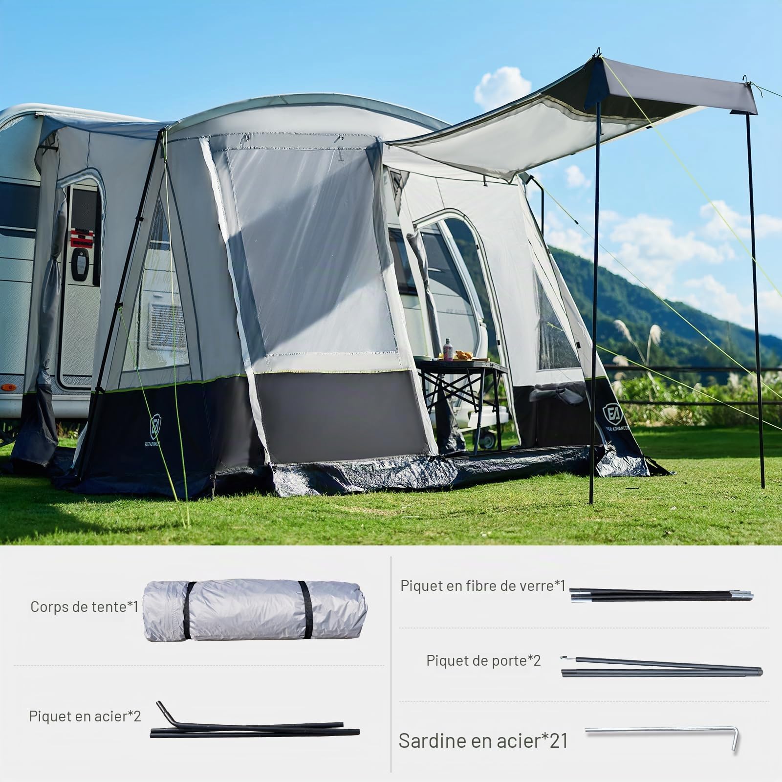 EVER ADVANCED Auvent de caravane 350 x 260 x 245 cm pour camping-car avec 2 fenêtres, porte latérale, grande porte comme toit, auvent de voyage en polyuréthane 3000 mm imperméable pour les voyages, la