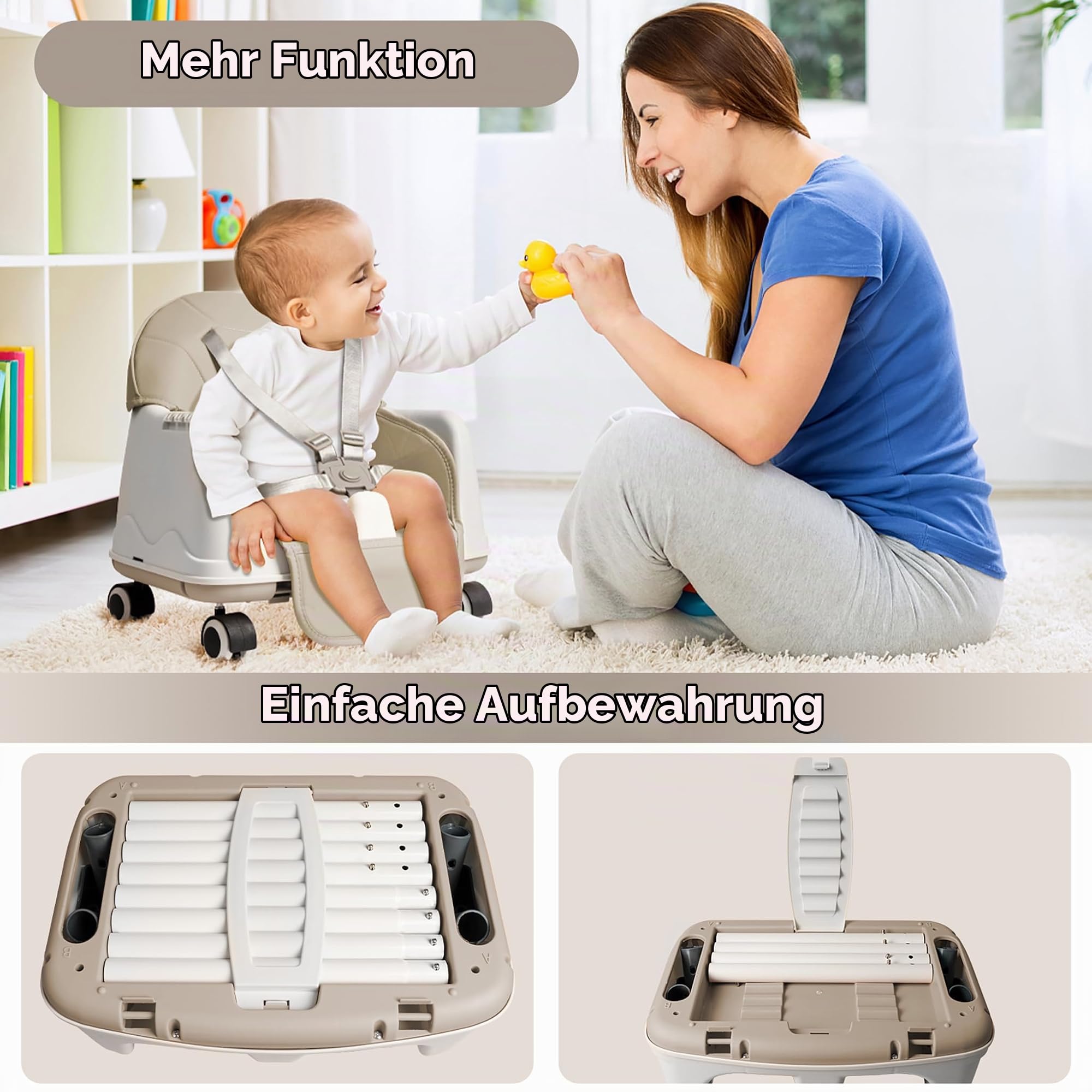 UISEBRT 3-in-1 Kinderhochstuhl, Klappbarer Baby Essstuhl mit Höhenverstellung, Verstellbarem Doppeltablett, Rollen und Abnehmbarem Sitz, Kombihochstuhl für Zuhause und Unterwegs, Beige