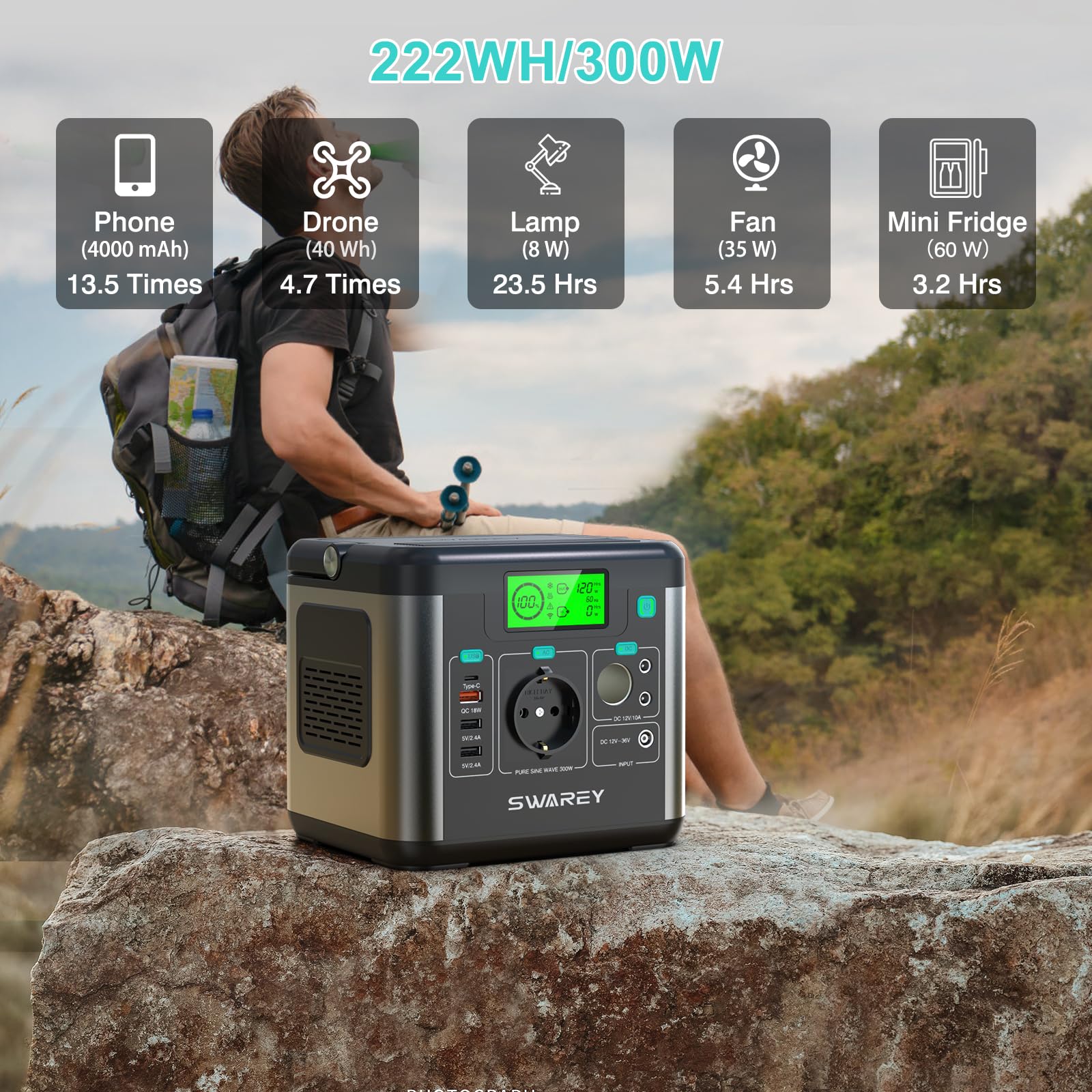 Generatore Solare Portatile 222Wh AC/DC/USB Onda Sinusoidale Pura Accumulatore di Energia Domestici ed All'aperto per Campeggio RV Emergency Backup 300W (600W picco) Generatore di Corrente