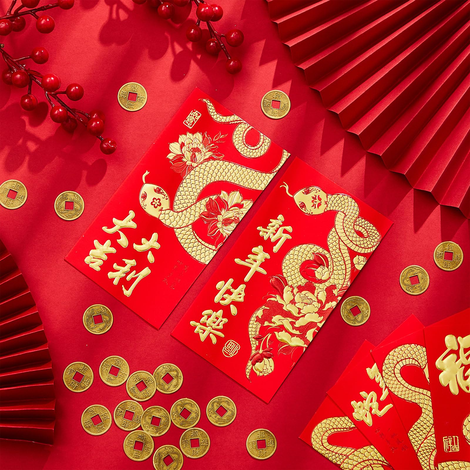 Tenare 36 Sobres de Año Nuevo Chino de Serpiente con 40 Monedas de Fortuna de Feng Shui, Sobres Rojos Chinos Paquete de Hong Bao Monedas Chinas Doradas de Suerte I Ching para Festival de Primavera