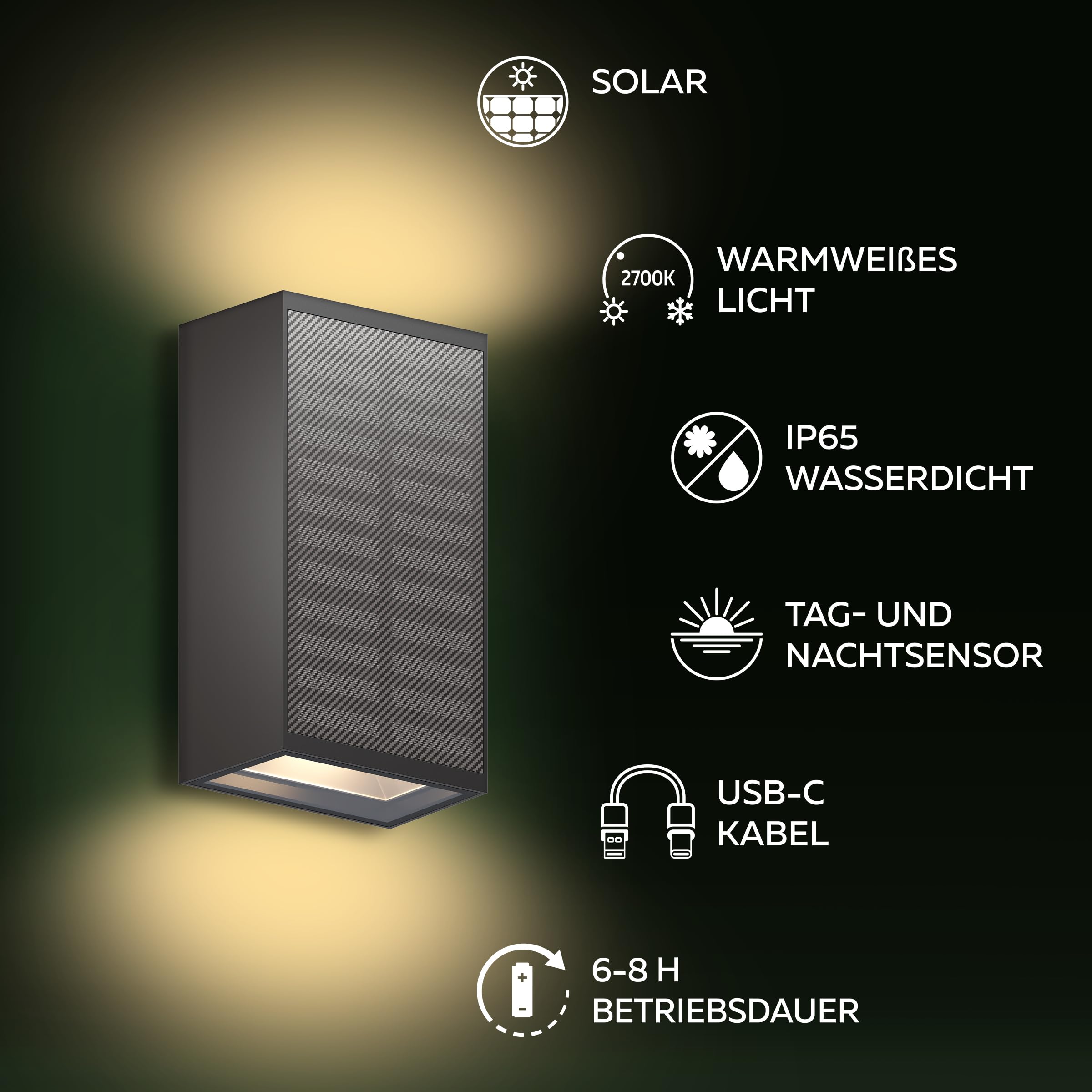 CALEX Birindisi Solar Wandleuchte, Warmweißes Up & Down Licht, Solarbetrieben, Kabellos, Wasserdicht, Schwarz, 4-Pack