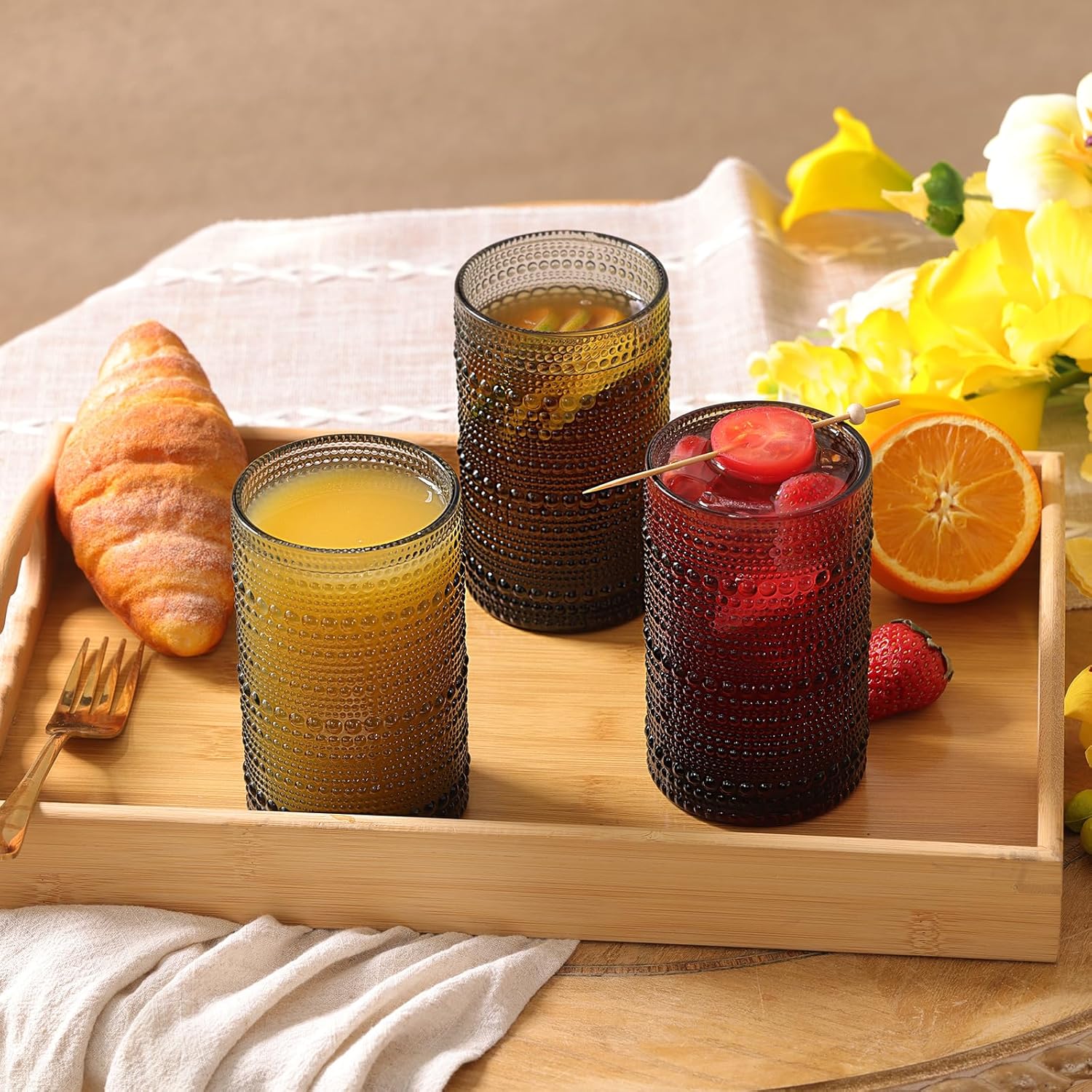 Moretoes Vintage Hobnail Drinking Glasses Set of 6, 15oz Highball Glass Cups, Kitchen Drinkware Glassware,Embossed Water Tumbler,for Beer,Cocktail,Whiskey,Juice and Various Mixed Drinks(Gray)