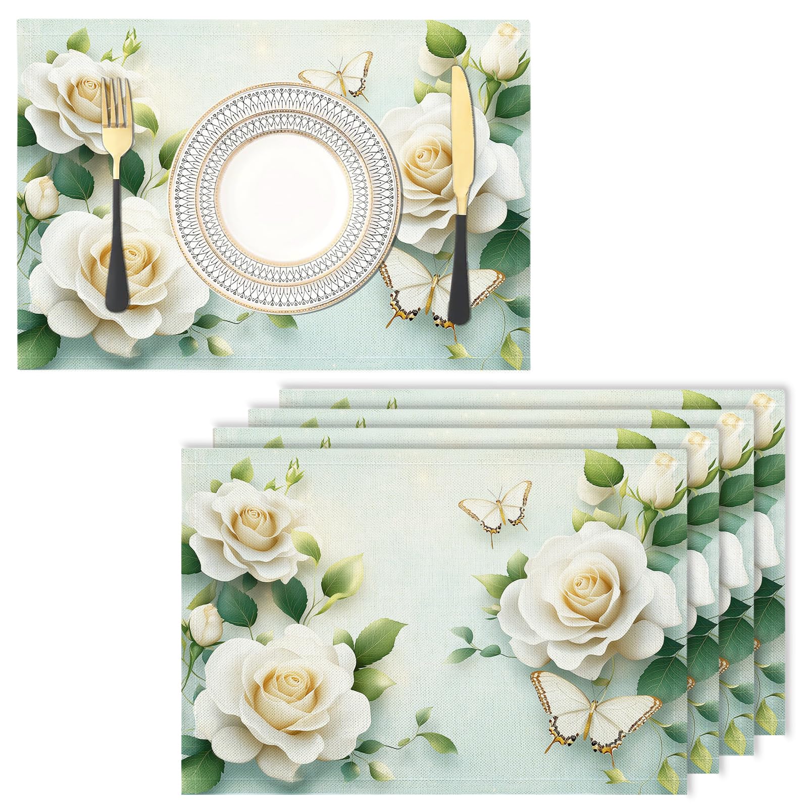Placemats Washable Set of 8-30 x 45 cm Rose Placemats, Butterfly Cotton Linen Hemstitch Place Mats for Table, Kitchen, Dining