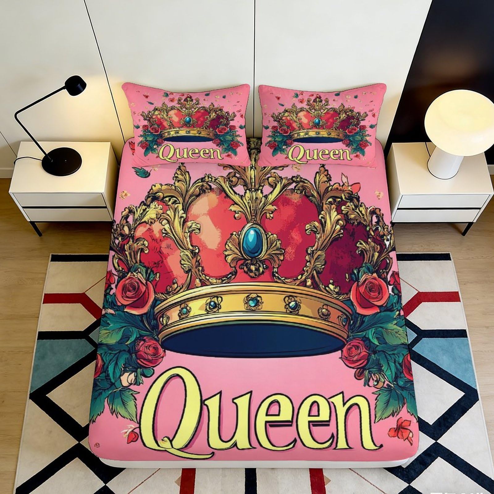 3D Printed Royal Crown Pink Queen Fitted Sheet Microfiber Soft Decorative Rose Bed Cover for Bedroom Guest Room 90x200x25cm