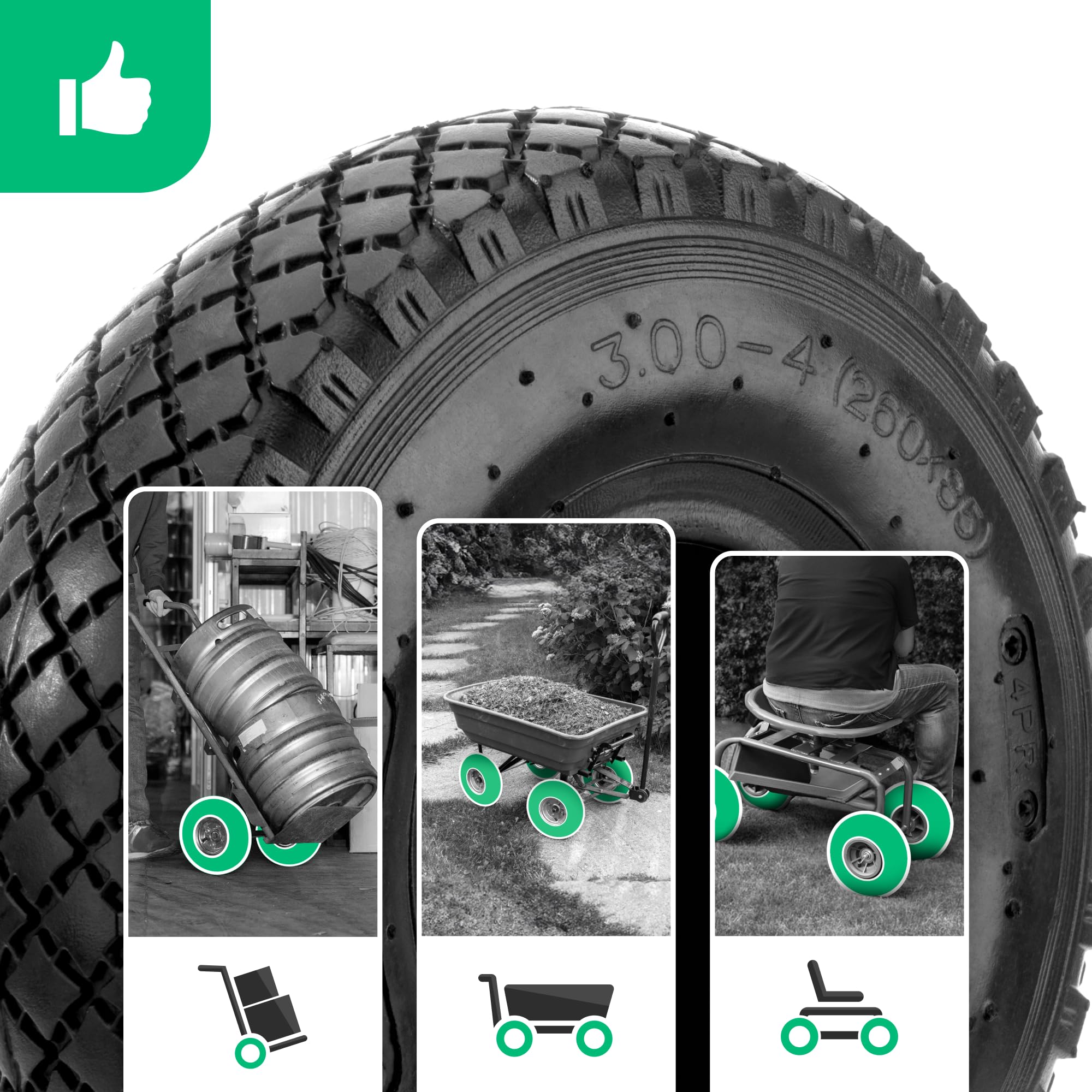MOOVMOOV Kit Pneu 3.00-4 (260x85) avec Chambre à air Valve Coudée TR87 | Compatible avec Diable de Transport, Remorques, Chariots de Jardin 4 roues - Pour Pneu 3.00-4