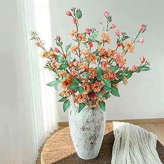 Artificial Cherry Blossom Branches 6Pcs 28.3" Faux Silk Cherry Blossom, Fake Flowers with Leaves Bouquet Decorations for Home Living Room Bedroom Table Centerpiece Vase Wedding Decor (Orange)