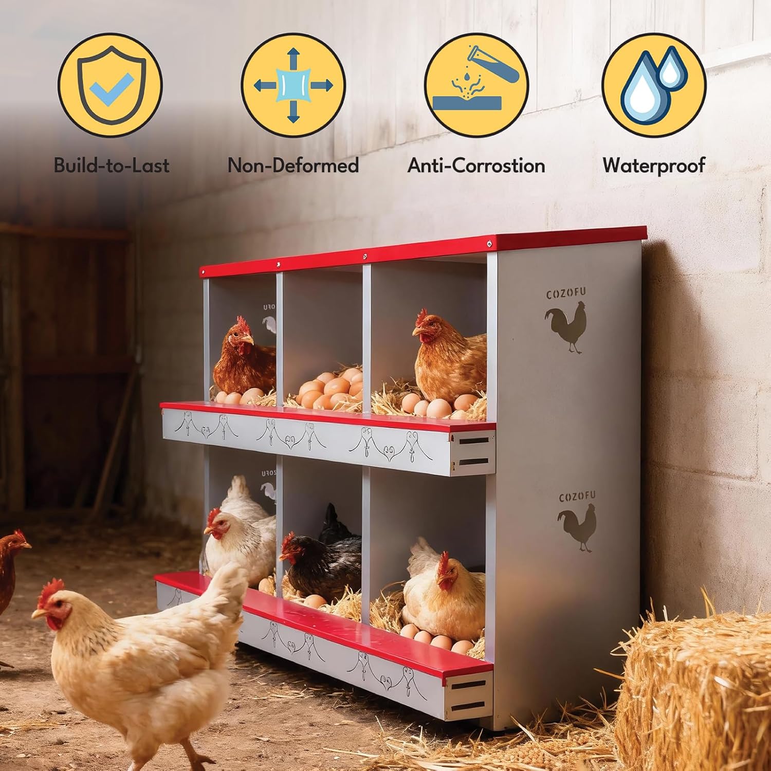 4 Hole Chicken Nesting Box for Laying Hens - Automatic Rollout Egg Collection, Heavy Duty Metal Nesting Boxes with Swing Perch for Chicken Coops, Secure & Easy Clean Poultry Nest Box