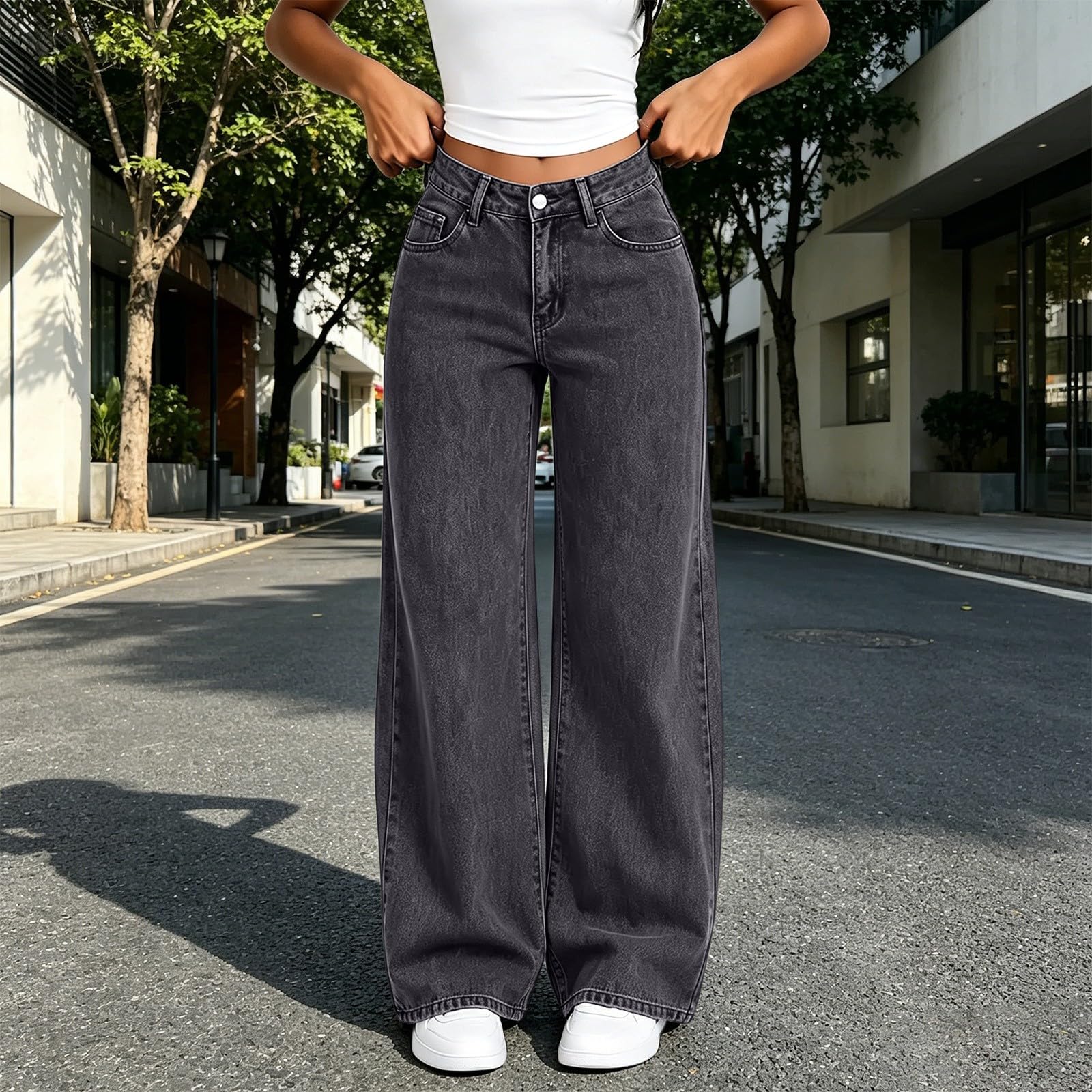 Jeans da donna a vita alta, dritti, gamba larga