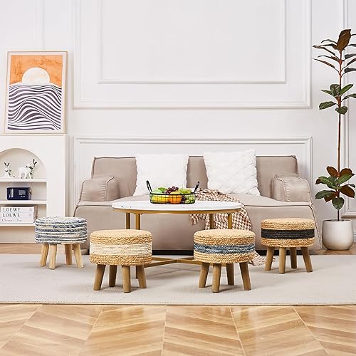 Miniatura 8 de Cpintltr Taburete redondo otomano natural de algas marinas tejido a mano, pufs de jacinto de agua, ecológico, taburete suave, reposapiés acolchado