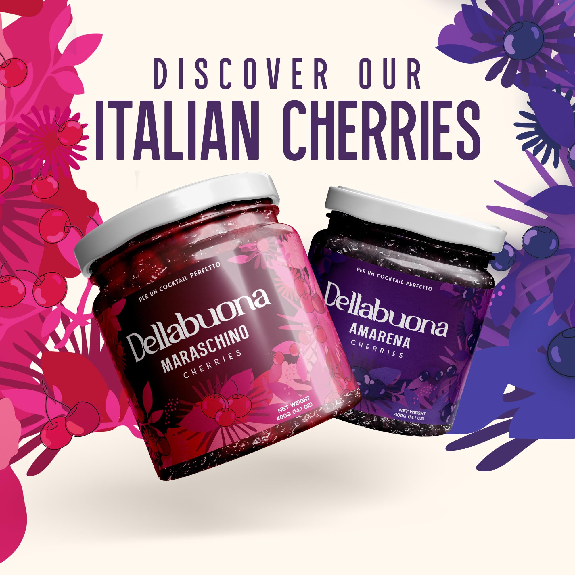 DELLABOUNA Amarena Cherries Jar Stems - Gourmet Italian Wild Cherry for Premium Cocktails Manhattans, Old Fashioned and Desserts. Rich Syrup. 400g Glass Jar (Pack of 1)