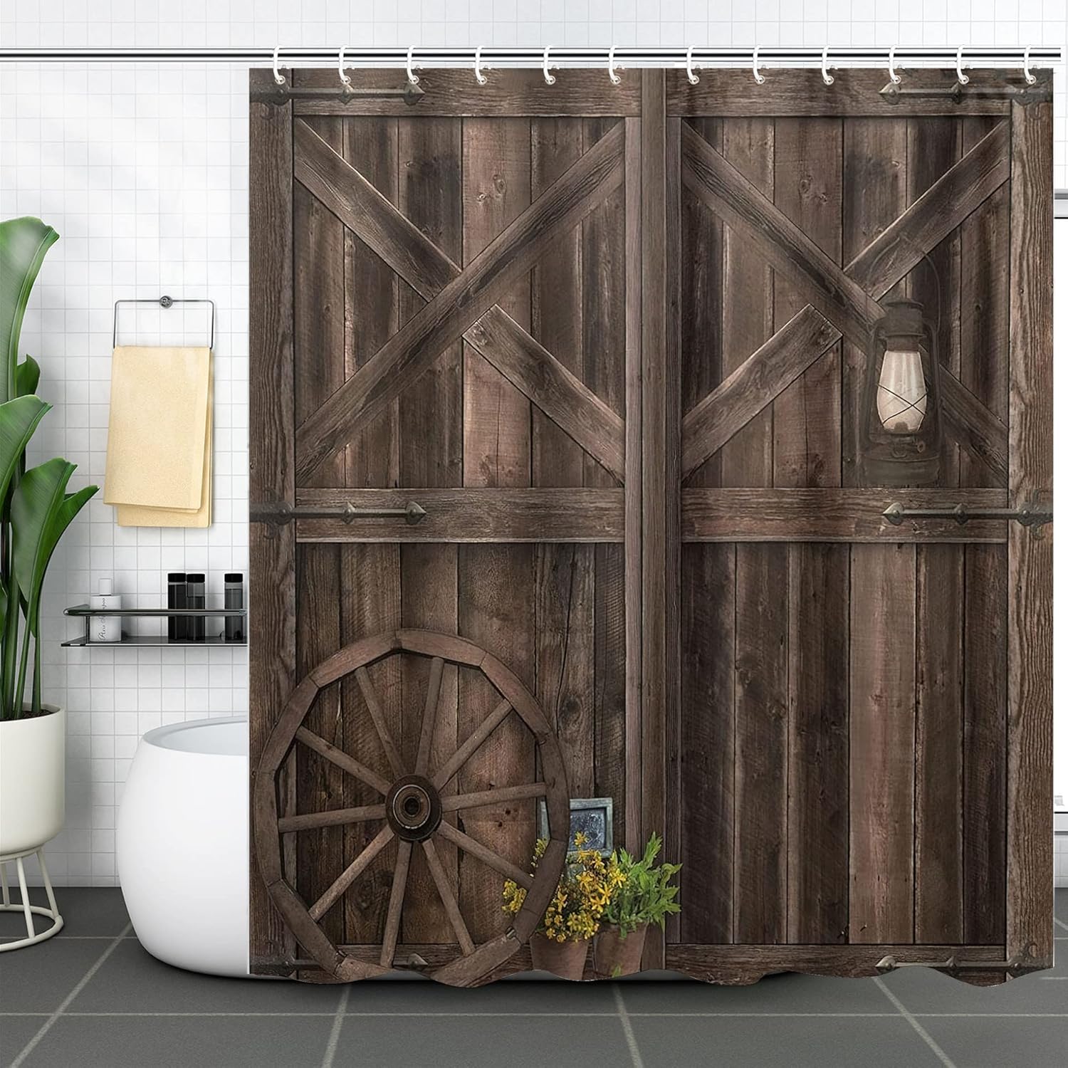 Farmhouse Wood Barn Door Shower Curtain Set, Including 12