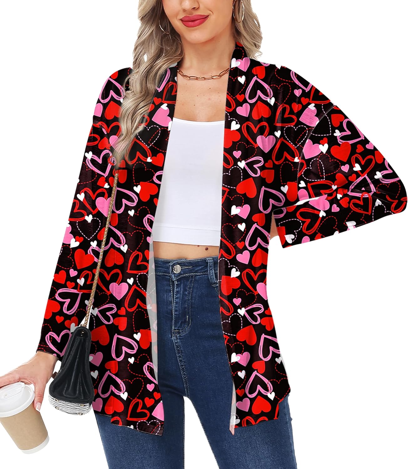 Womens Valentines Long Sleeve Lightweight Cardigan Heart Graphic Print Coat - Image 3