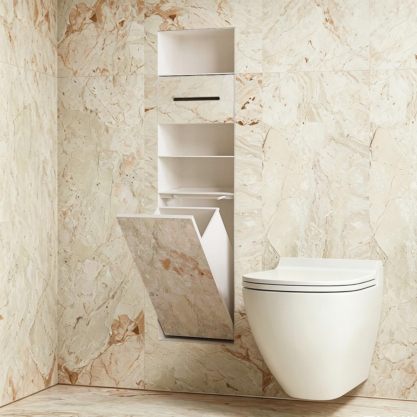 MESCXTY 4-in-1 Tileable Recessed Bathroom Niche, in-Wall Hidden Toilet Paper Holder, Trash Can & Brush Storage, Flush Mount 304 Stainless Steel Organizer