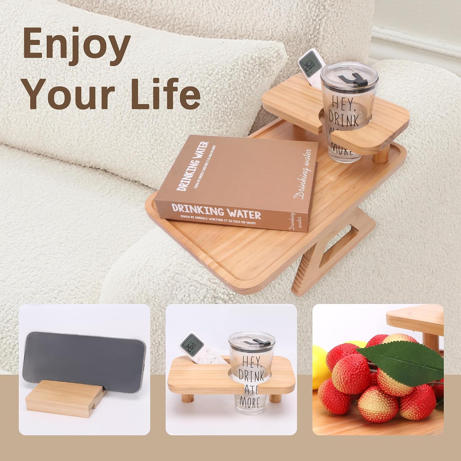 Couch Arm Tray,15.3x9.8 Couch Arm Table with 360° Rotating Phone Holder&Cup Holder,Sofa Armrest Tray Wood,Arm Rest Table for Couch,Sofa Arm Tray,Arm Chair Table Tray for Remotes/Snacks (Natural 1)