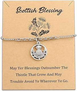 bobauna Scottish Thistle Necklace/Bracelet Scottish Blessing Card Jewelry Gift May Yer Blessings Outnumber The Thistle That Grow