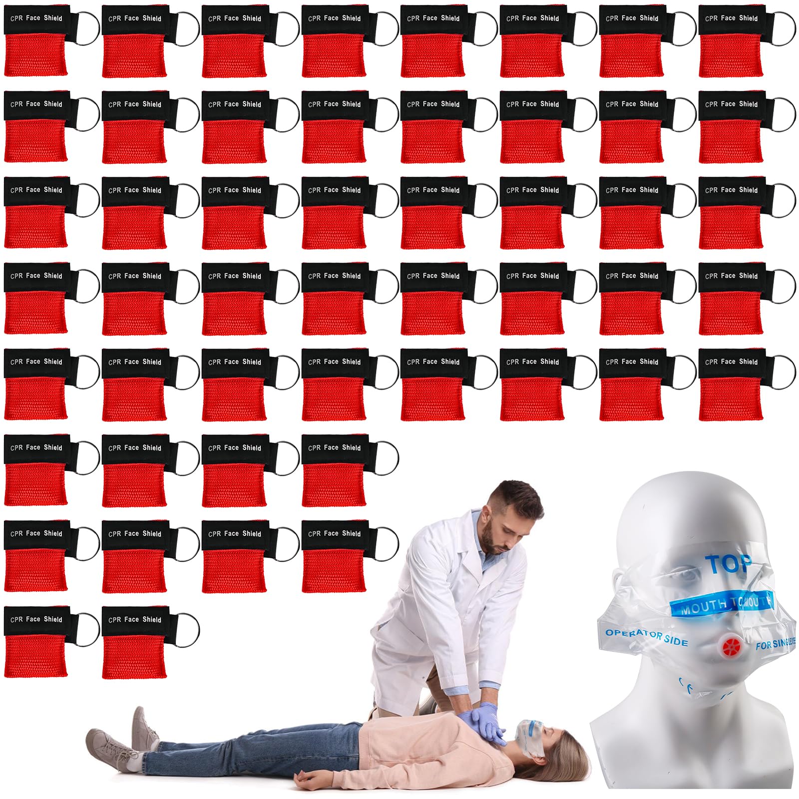 50 piezas de máscara respiratoria llavero, máscara CPR con válvula antirretorno barrera respiratoria máscara de bolsillo para primeros auxilios o entrenamiento AED, rojo