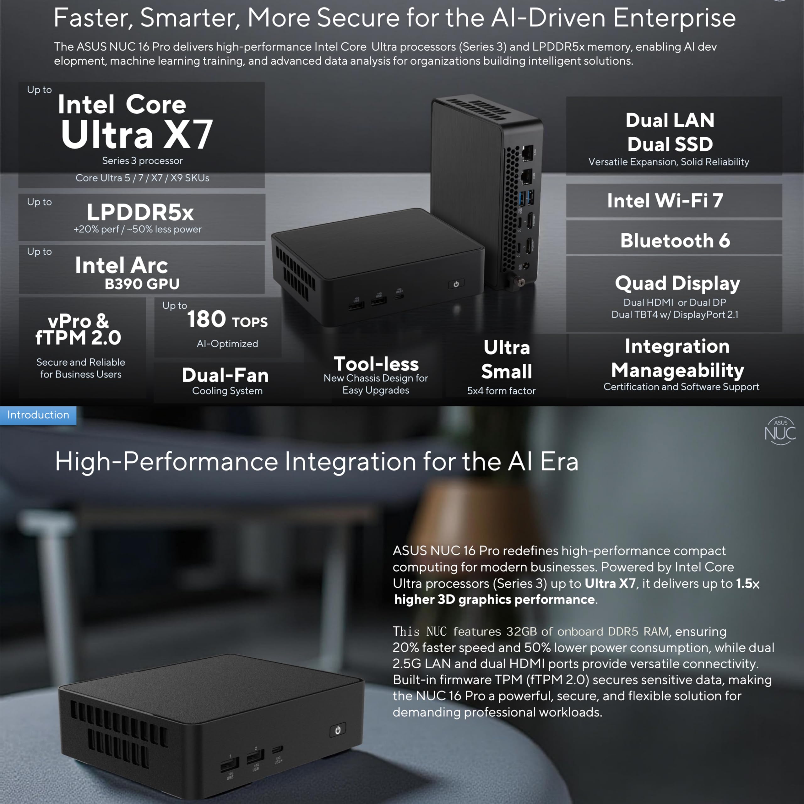 NUC 16 Pro Mini PC NUC16GDKX76C4H6, processore Intel Core Ultra 7 (358H) AI, RAM DDR5 integrata da 32 GB, SSD da 1 TB, grafica Intel Arc, Wi-Fi 7 e Bluetooth 6.0, doppia LAN da 2,5 G per Business Edge