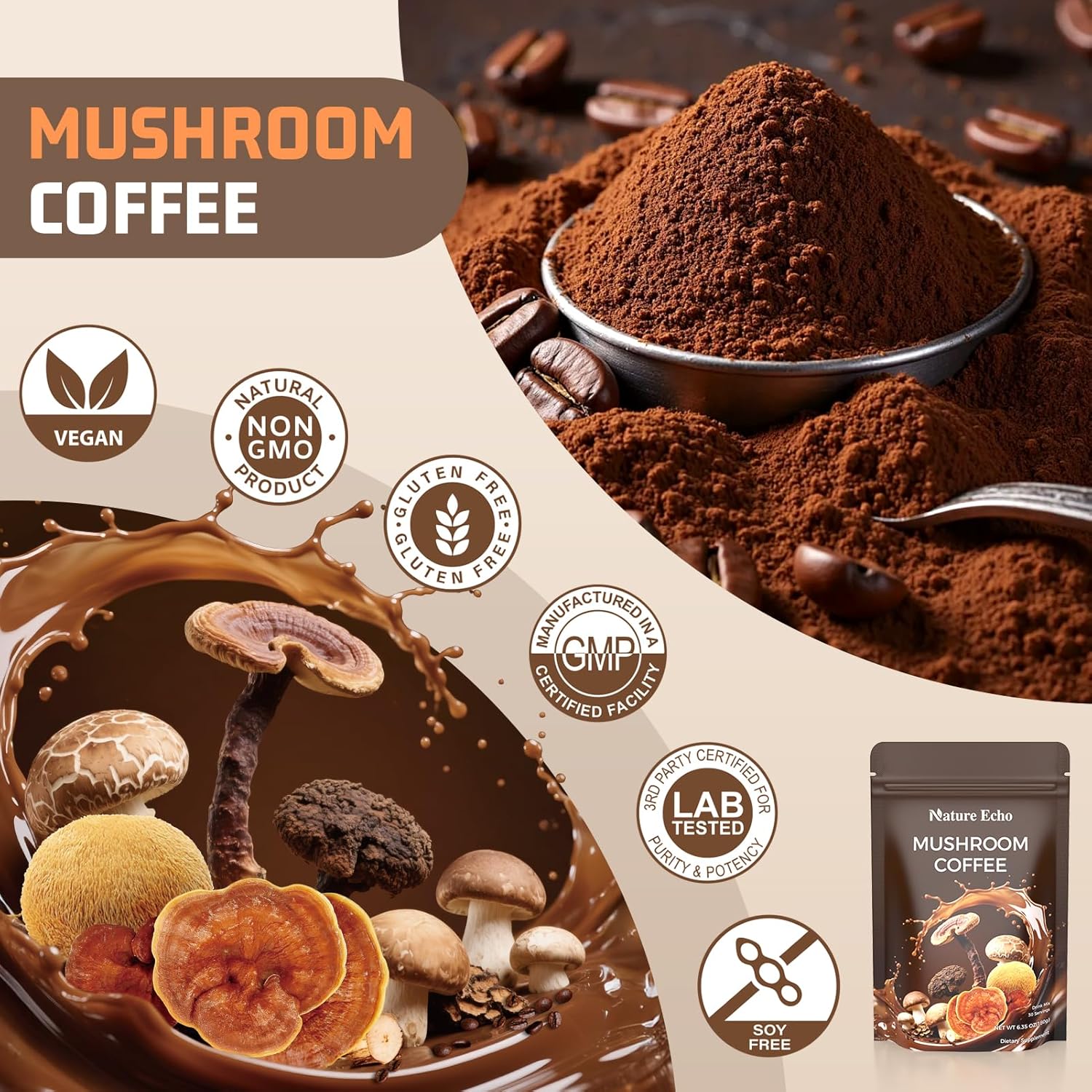 Mushroom Coffee 11 in 1 Mushrooms with Ashwagandha, Lion's Mane, Reishi, Cordyceps, Shiitake, King Oyster & Turkey Tail,Instant Coffee Powder for Boosts, Energy, Focus & Immunity Support(30 Servings) - Image 4