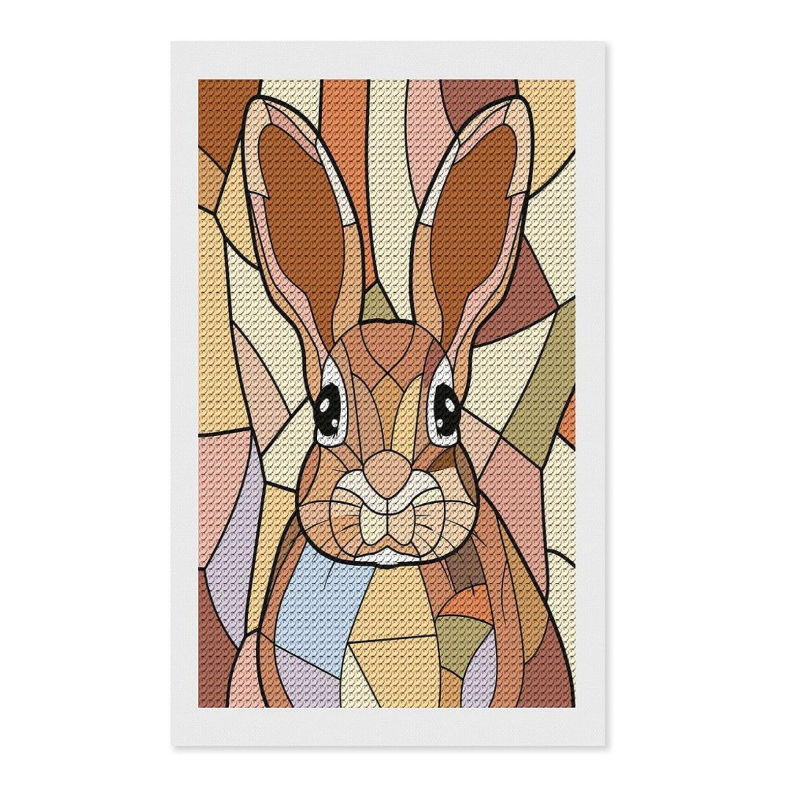 Junmoney Stained Glass Rabbit Portrait Crystal Diamond Art Kit 12"x20", Round Gems, Detailed Printed Canvas, Creative Gift Idea, Vintage Style Decor