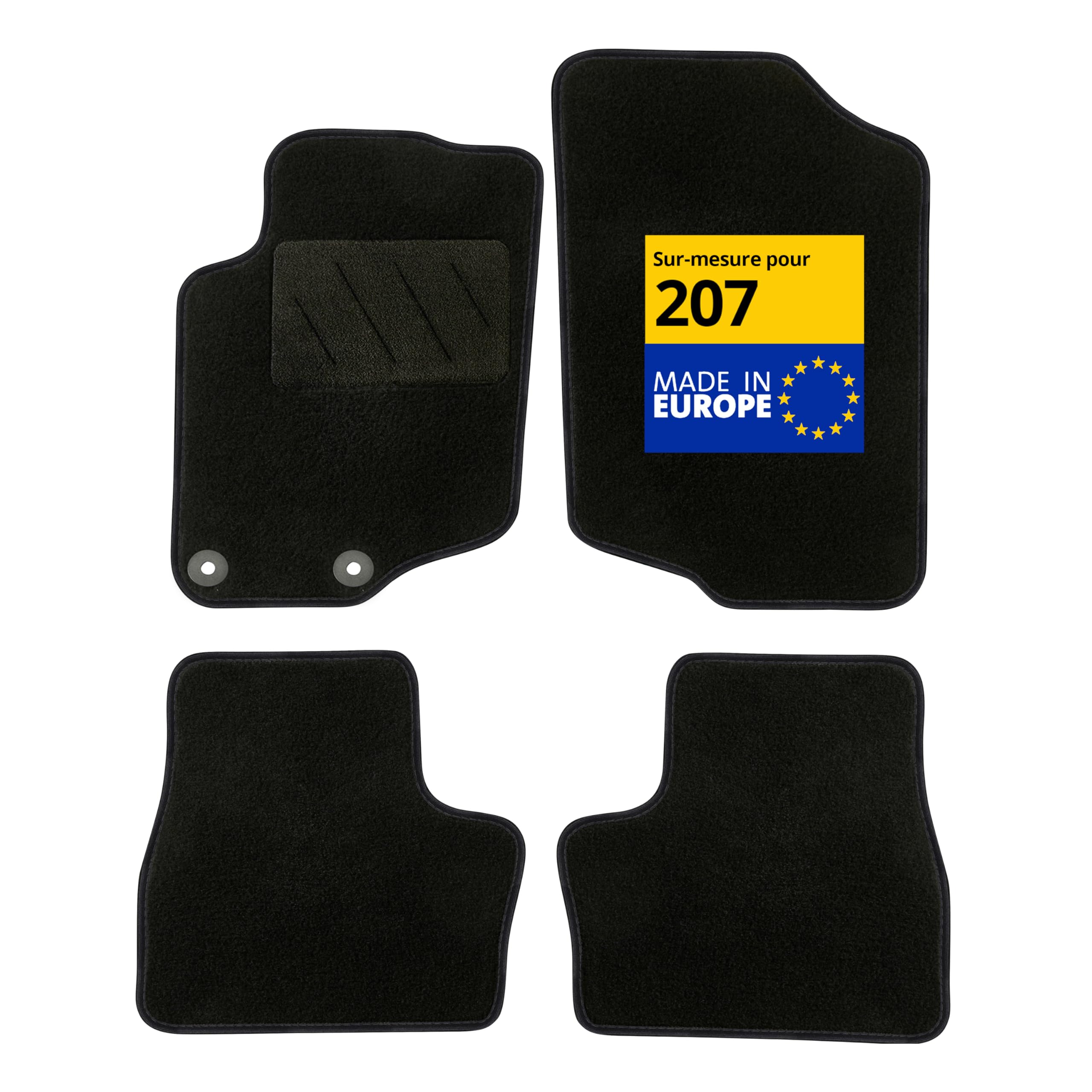 DBS – Tapis de Voiture - sur Mesure pour Peugeot 207/207 SW / 207 + (04/2006-06/2014) – Antidérapants avec Clips de Fixation – 4 Tapis Auto Avant/arrière – Moquette Noire