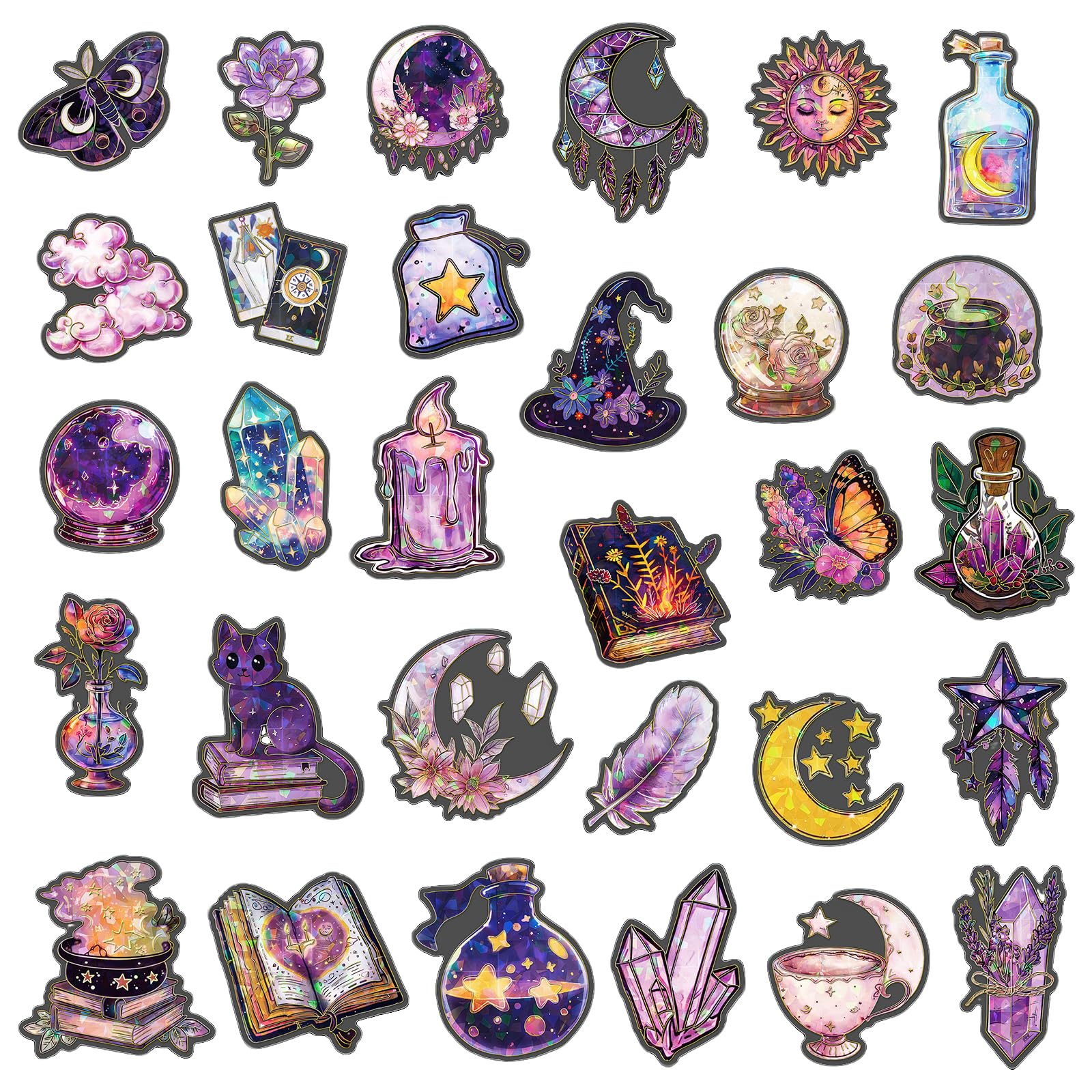 30PCS Magic Witchy Stickers, Waterproof Vinyl Holographic Sticker Decals for Scrapbooking Journals Stationery Notebooks Laptops Water Bottles Phones, Gothic Halloween Witch Themed Vintage Aesthetic