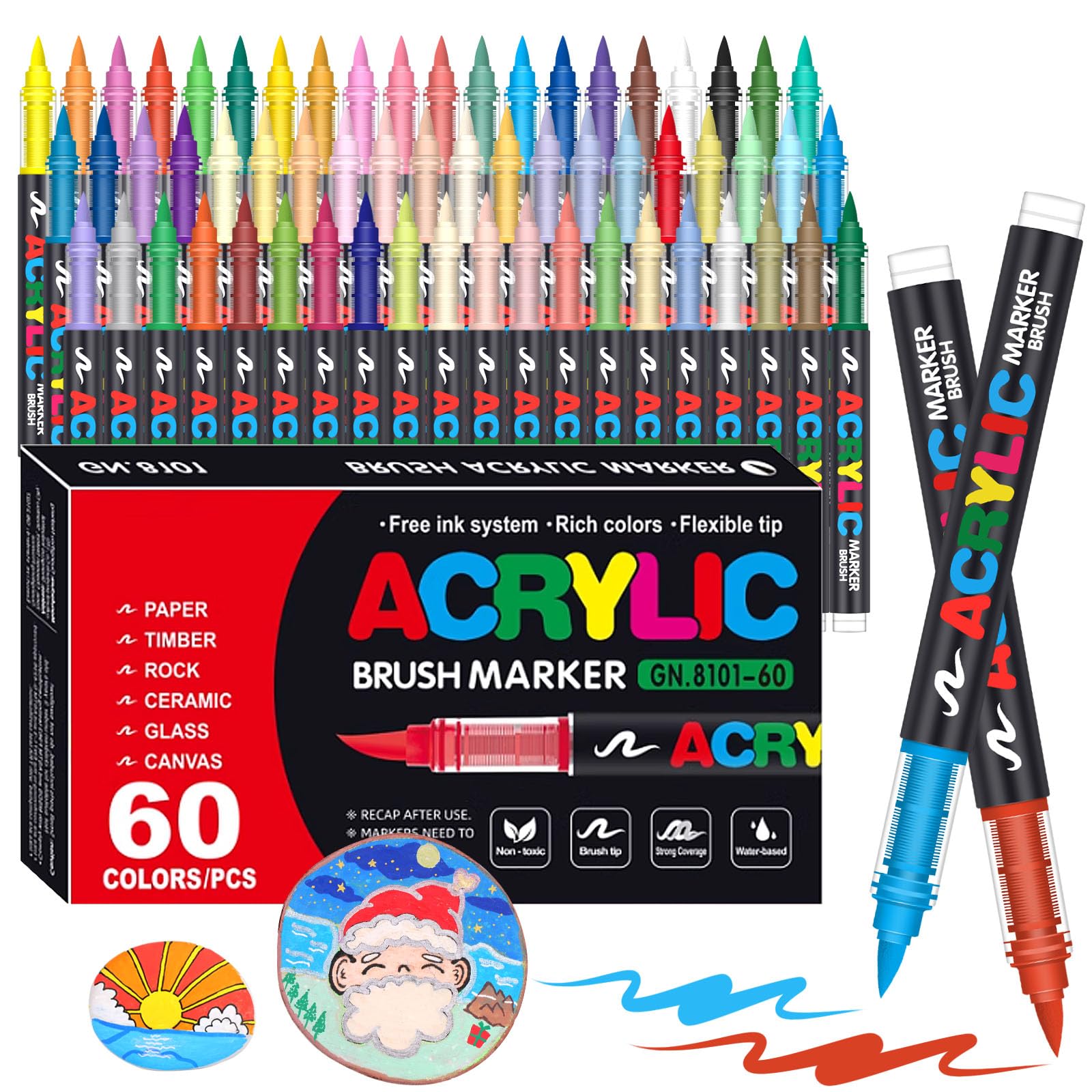 Laconile Juego de 60 rotuladores acrílicos de pintura acrílica para pintura de roca, cerámica, vidrio, piedra, tela de metal, bolígrafos de pintura acrílica a base de agua con punta de pincel flexible Global Recycled Standard Global Recycled Standard Global Recycled Standard