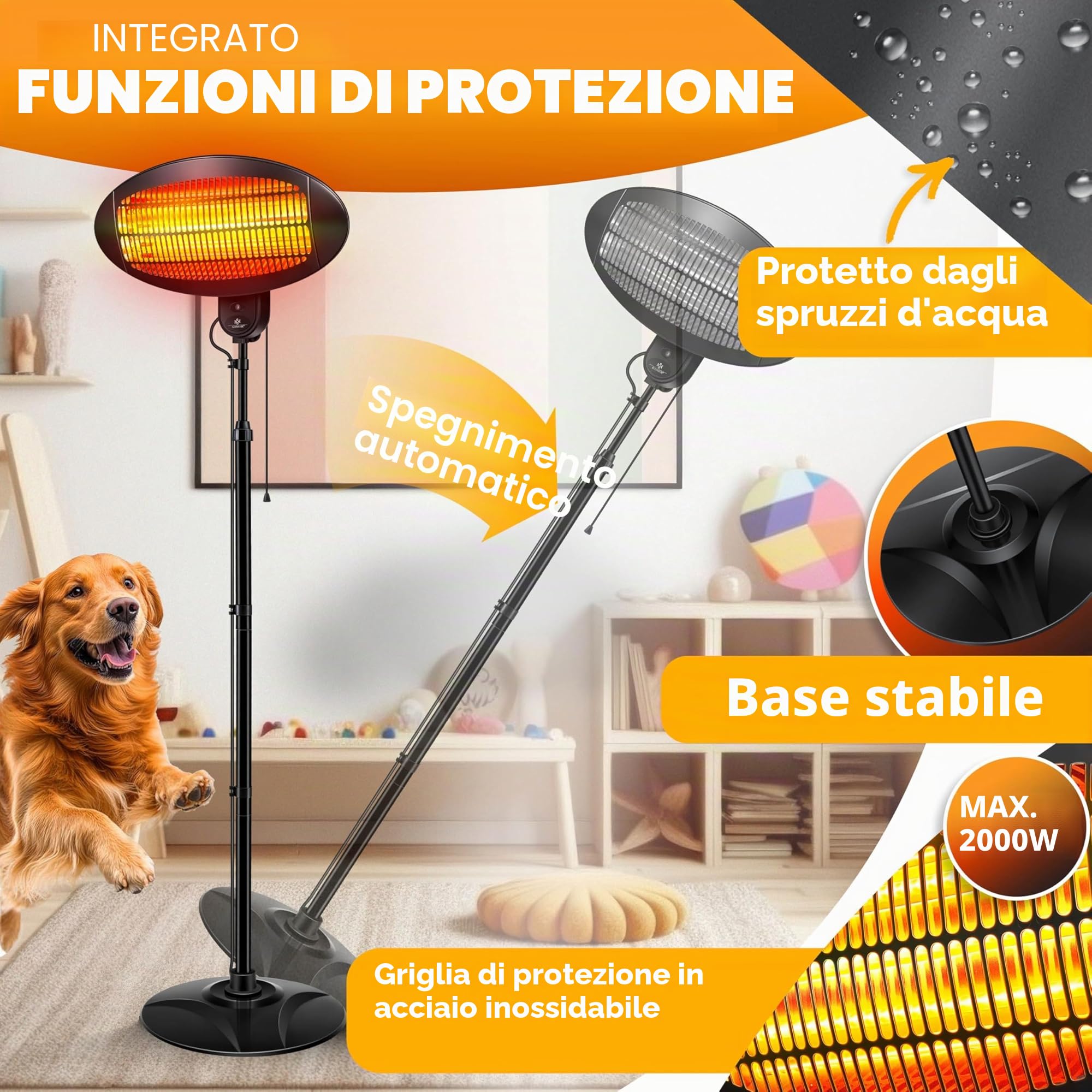 KESSER Riscaldamento radiante 2000 Watt infrarossi da terra regolabile in altezza