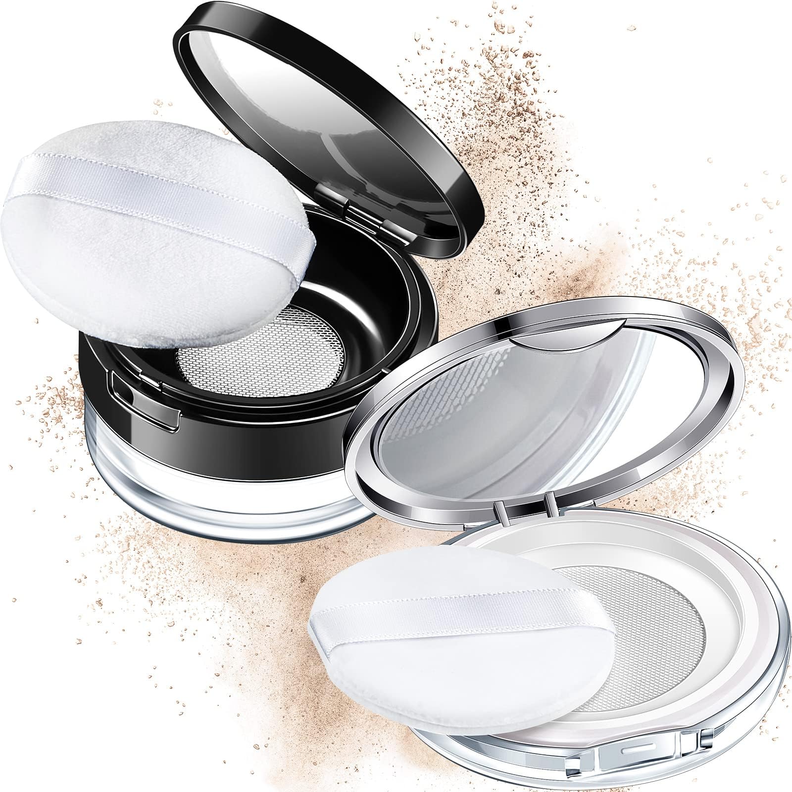 Cunhill 2 Pcs Loose Powder Container with Puff 0.17/0.7 oz Reusable Plastic Empty Powder Case Portable DIY Makeup Powder Container Loose Powder Compact Case with Mirror and Net Sifter(Silver, Black)
