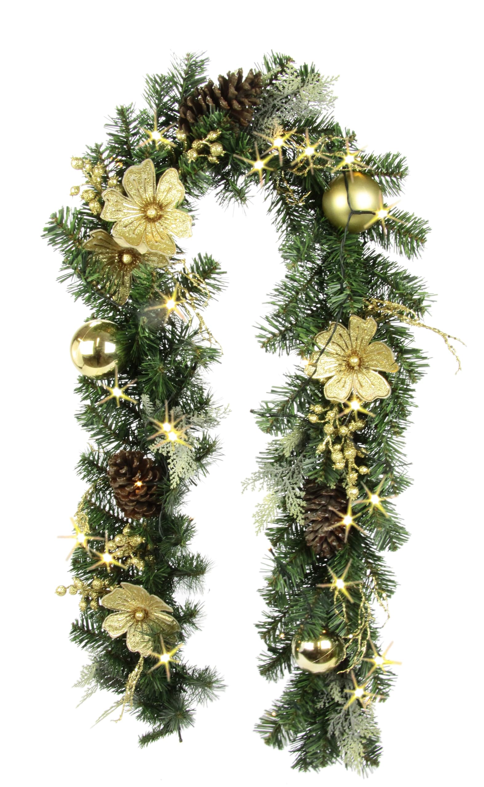 Tannengirlande mit LED-Lichterkette Magnolien Zapfen Tannenbaum-Kugeln Beeren Tanne Künstliche Deko Girlande Kette Tannen-Girlande Weihnachtsgirlande Weihnachtsdeko Deko X'Mas