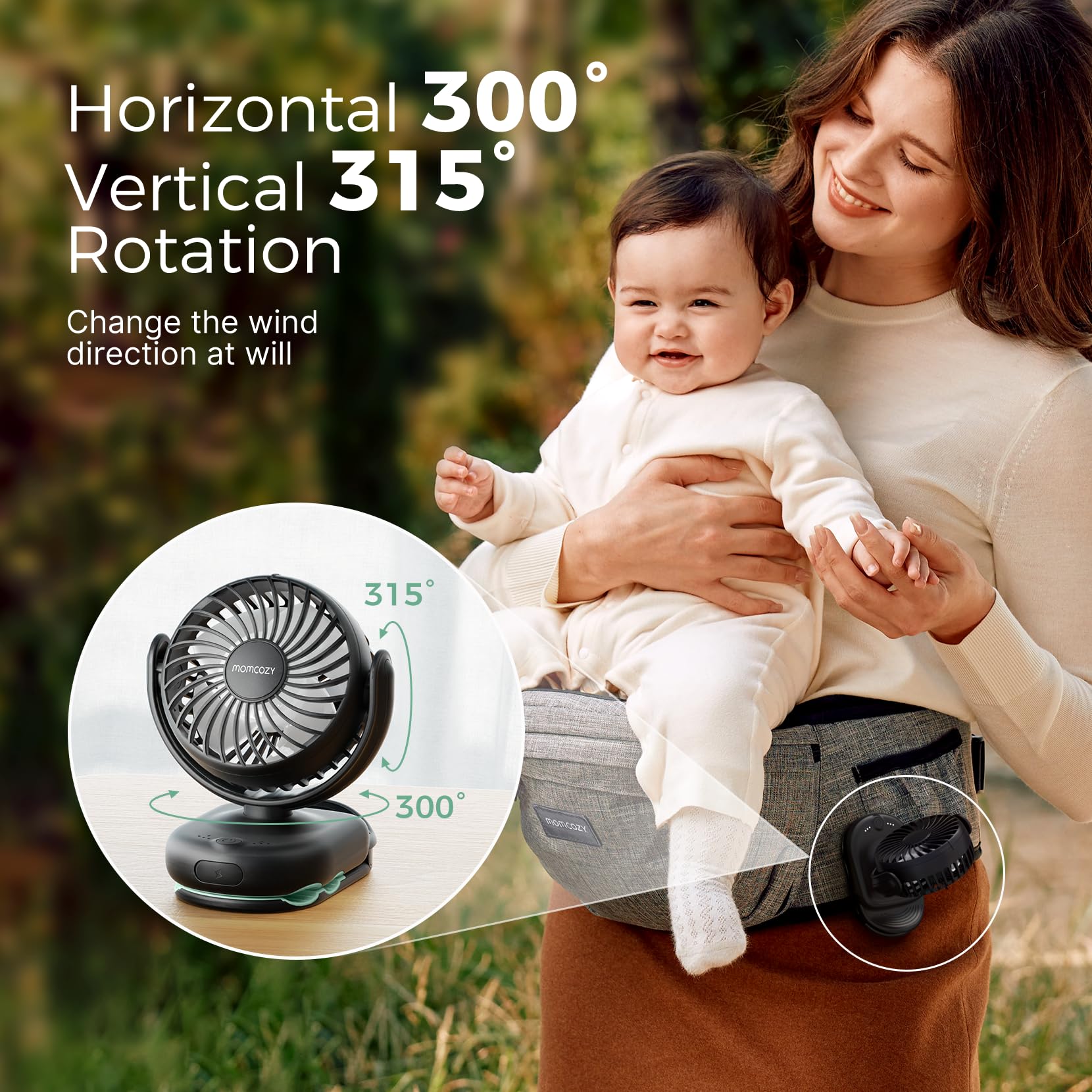 momcozy Przenośny wentylator do wózka dziecięcego z klipsem, 4 prędkości, do nosidełka, ultralekki 118 g, szczeliny ≤4,5 mm, ładowalny i obrotowy, do wózka podróżnego i biura