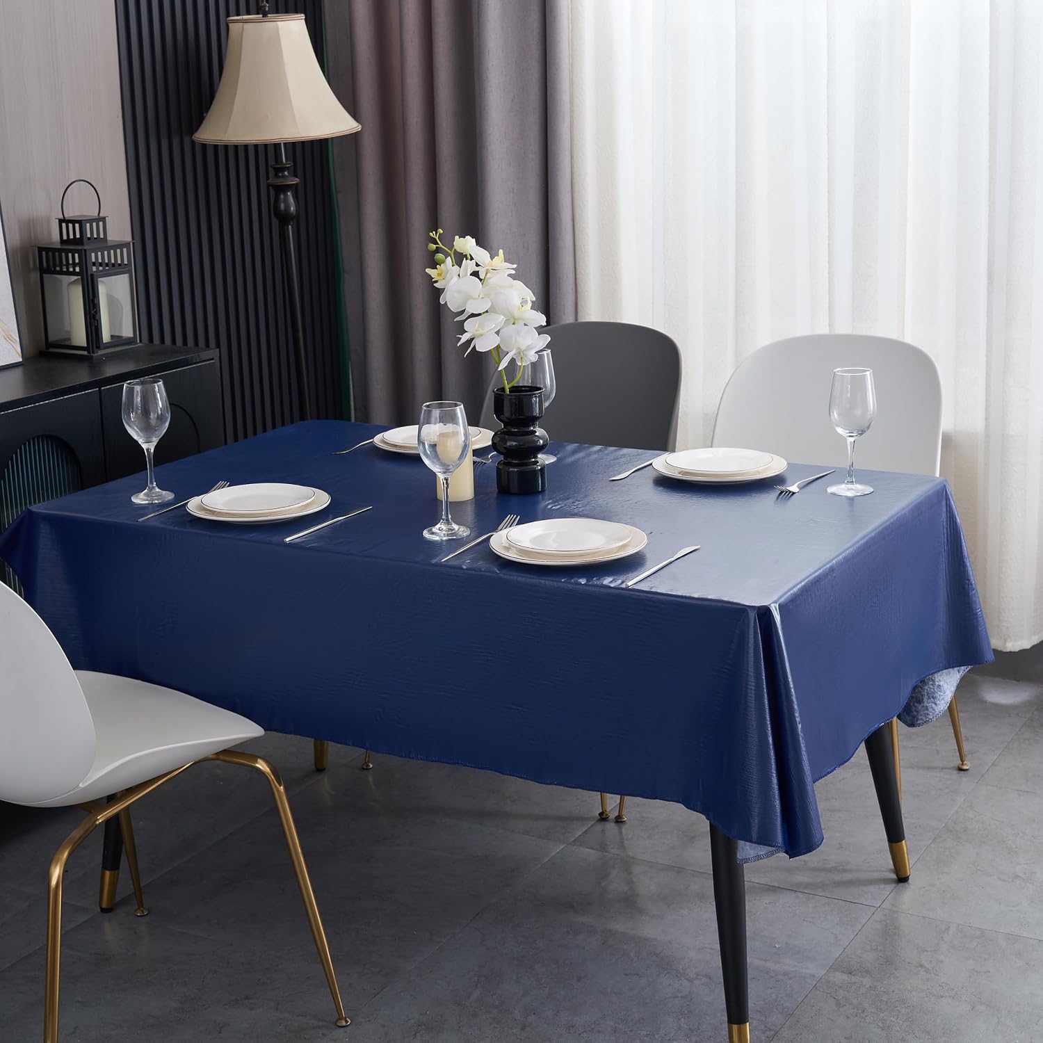 Rectangular Vinyl Tablecloth, Flannel Backed Waterproof Solid Color PVC Table Cover, Modern Minimalist Farmhouse Style for Dining, Picnic, Party and Kitchen Decor (Dark Blue, 70"x52" Rectangular)