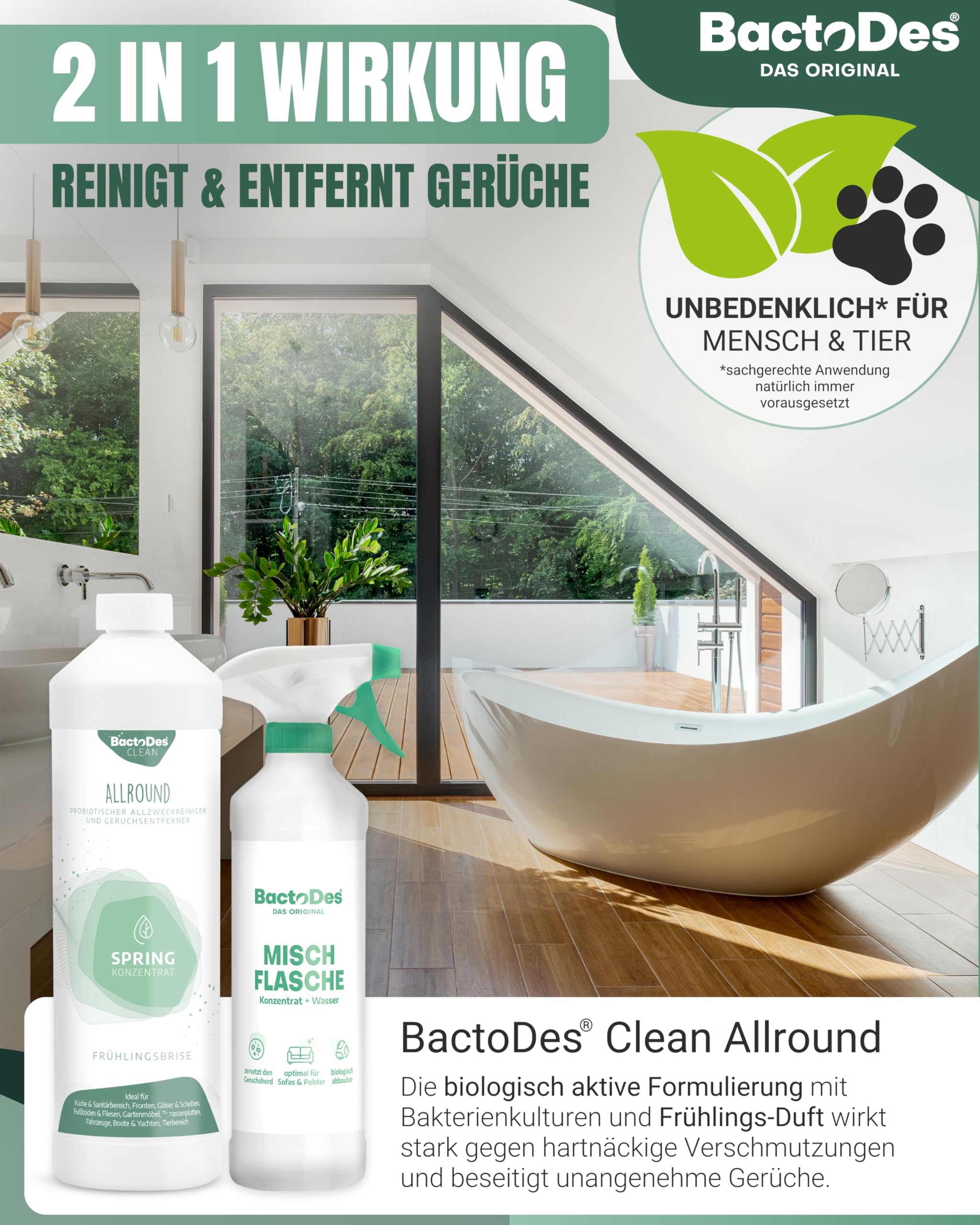 BactoDes - Clean Allround SPRING probiotischer Allzweckreiniger 10L Konzentrat mit Sprayflasche - Spezial Enzymreiniger mit bio Mikroben-Wirkung - Effektiver Geruchsneutralisierer & Geruchsentferner