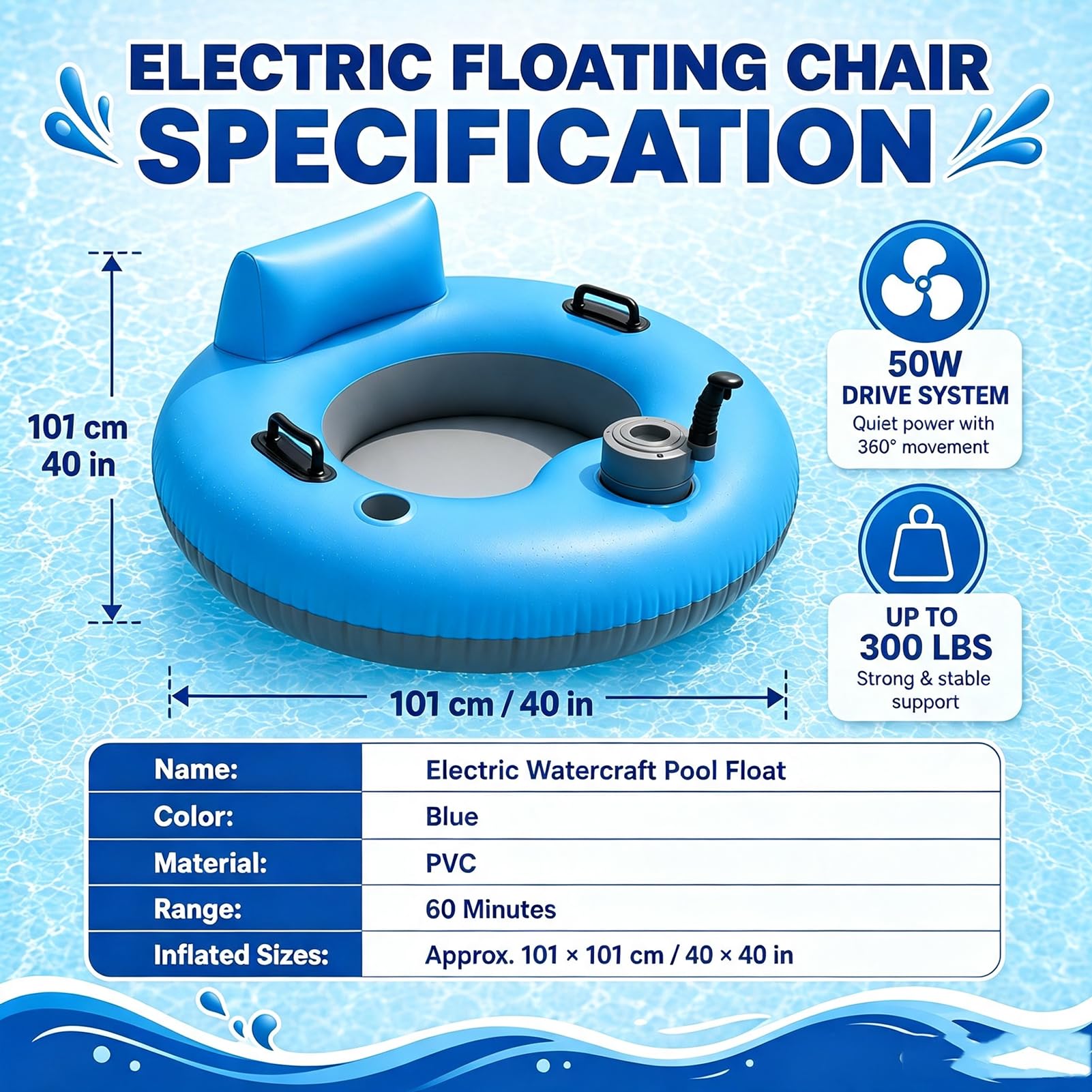Chaise Longue de Piscine Motorisée, Flotteur électrique Rotatif 360 | Chaise Flottante 50 W avec Dossier, Sac De Rangement, Bouée Gonflable pour Adulte