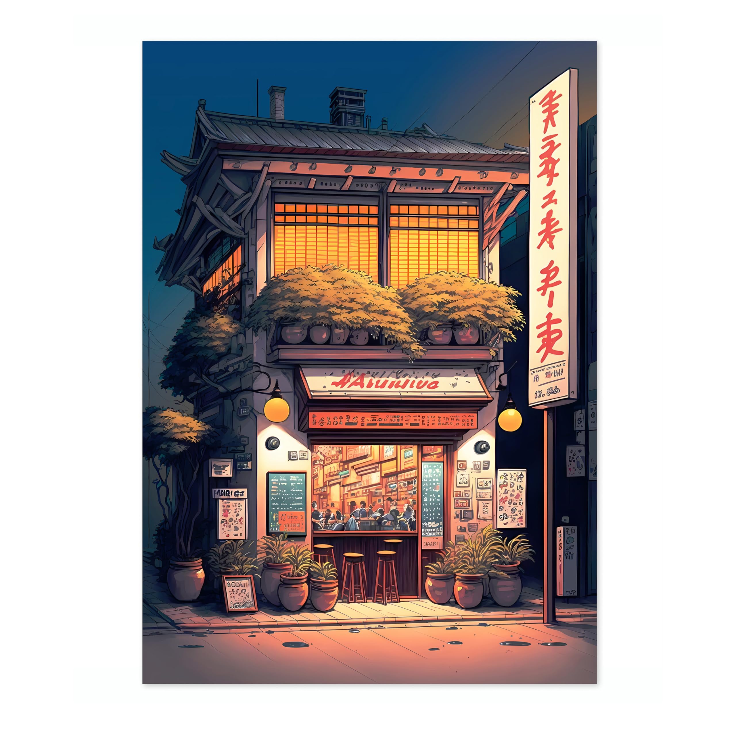Evening At The Ramen Shop Anime Woodblock Poster Modern Ukiyo-E, Cartoon Print, Japanese Illustration Wall Art Bedroom Home Decor, A1 (Print Only) - 84.1x59.4cm