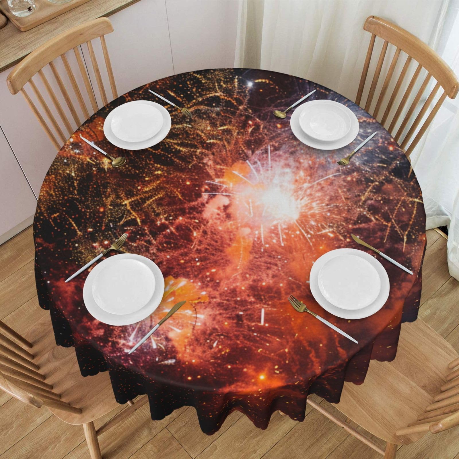 WPKJU Fireworks Printed Round Tablecloth 60 Inch with Lace Trim, Water-Resistant Washable Table Cover for Farmhouse Weddings, Outdoor Picnics & Holiday Dining
