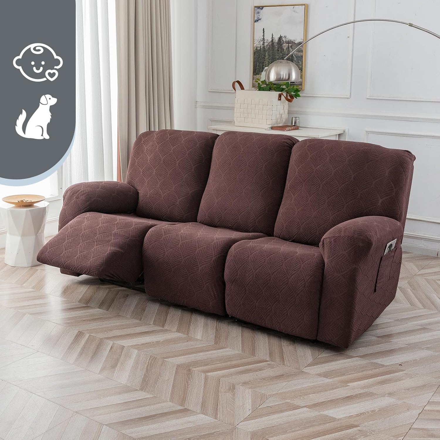 100% Waterproof Recliner Sofa Slipcovers, 3 Pieces Stretch Reclining Couch Covers for 3 Cushion Couch Sofa Pet Friendly Washable Furniture Covers for Dogs, Pets, Kids (Chocolate, 3 Seater)